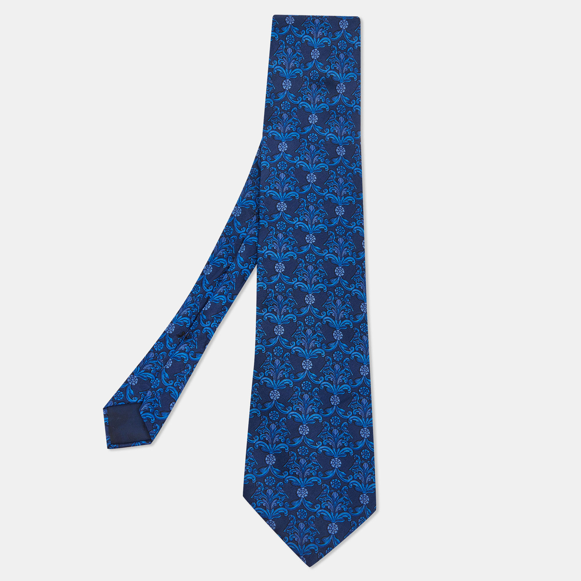Pre-owned Lanvin Navy Blue Floral Printed Silk Satin Tie