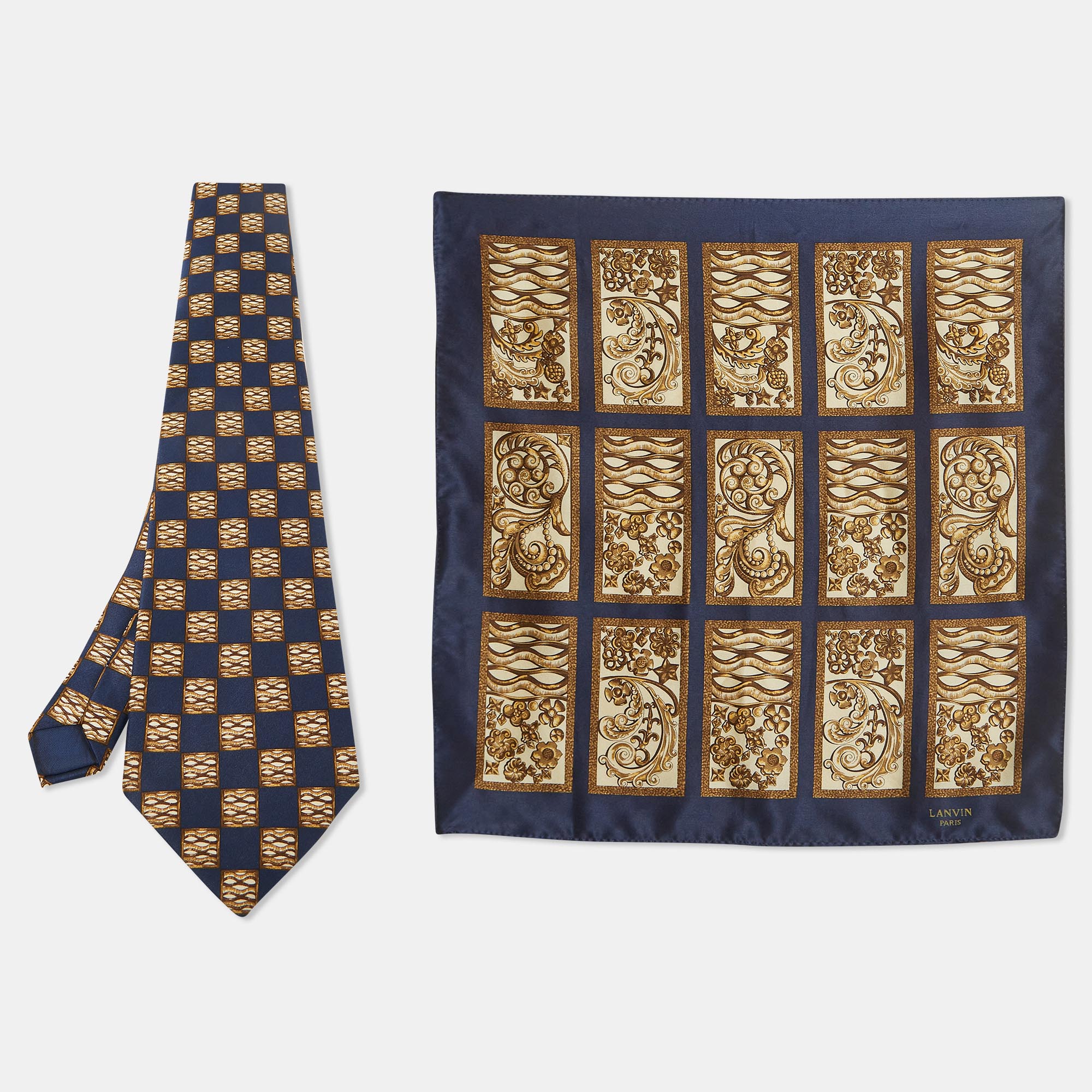 Pre-owned Lanvin Blue Printed Satin Silk Pocket Square And Traditional Tie