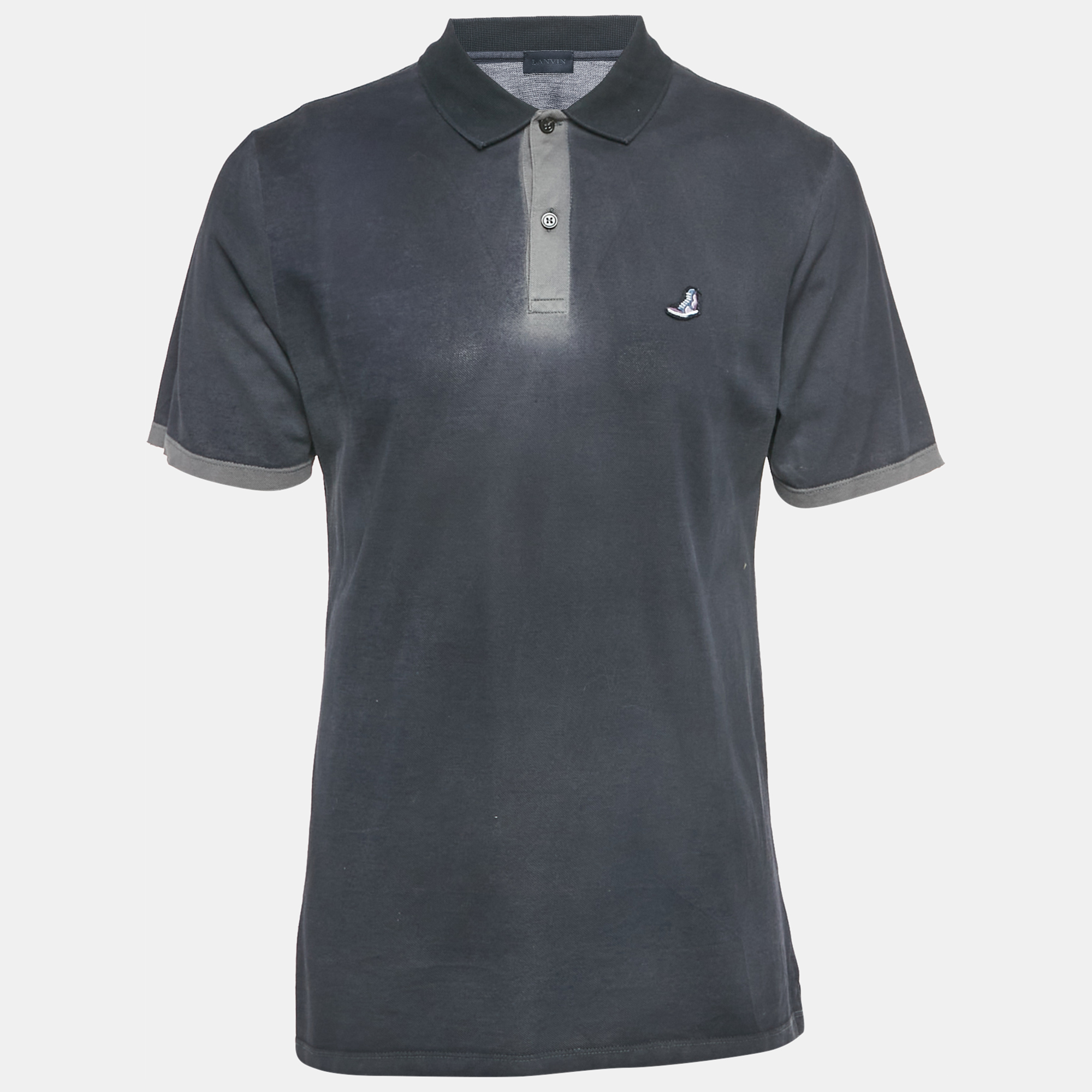 

Lanvin Navy Blue Embroidered Cotton Distressed Polo T-Shirt XL