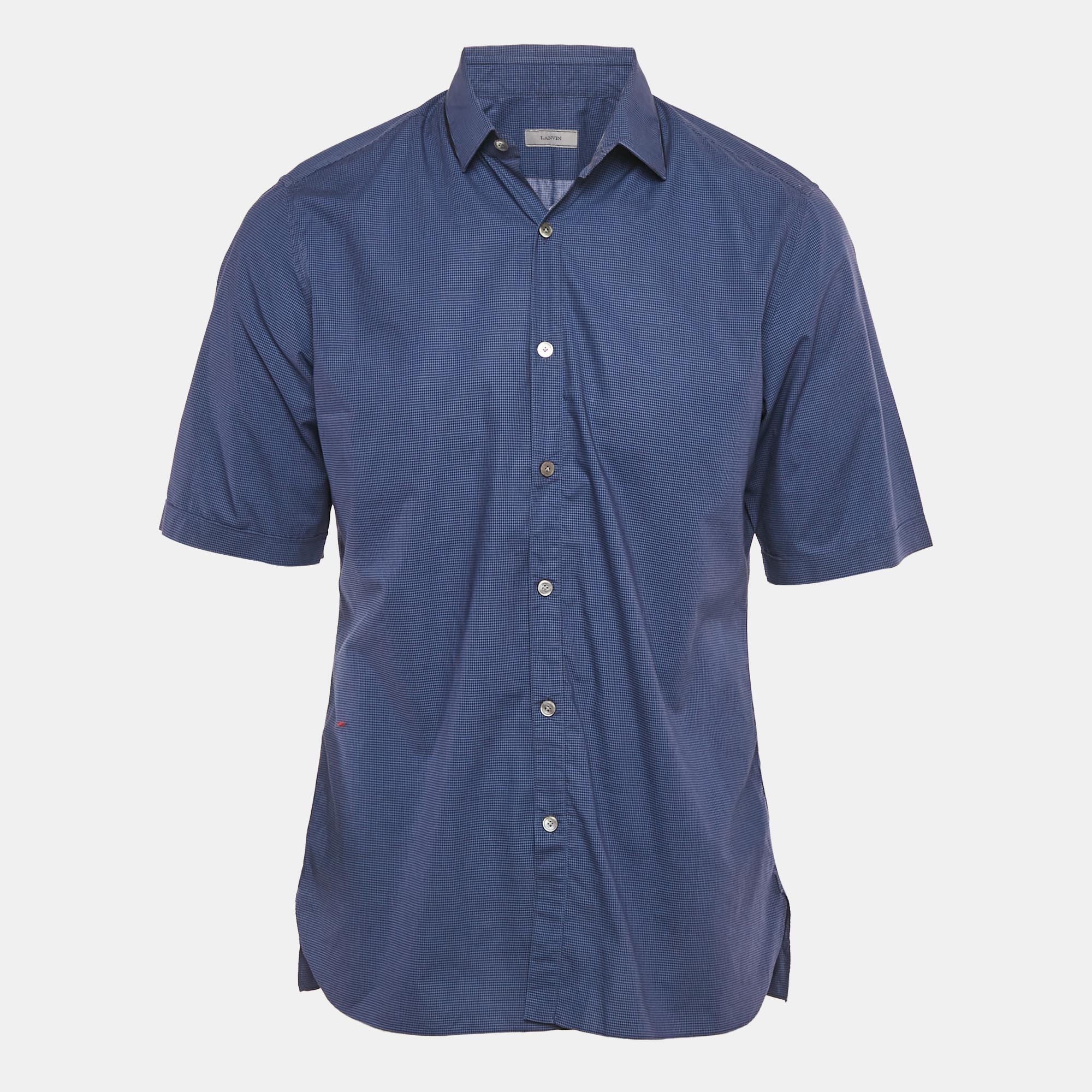 Pre-owned Lanvin Blue Checks Cotton Short Sleeve Shirt L