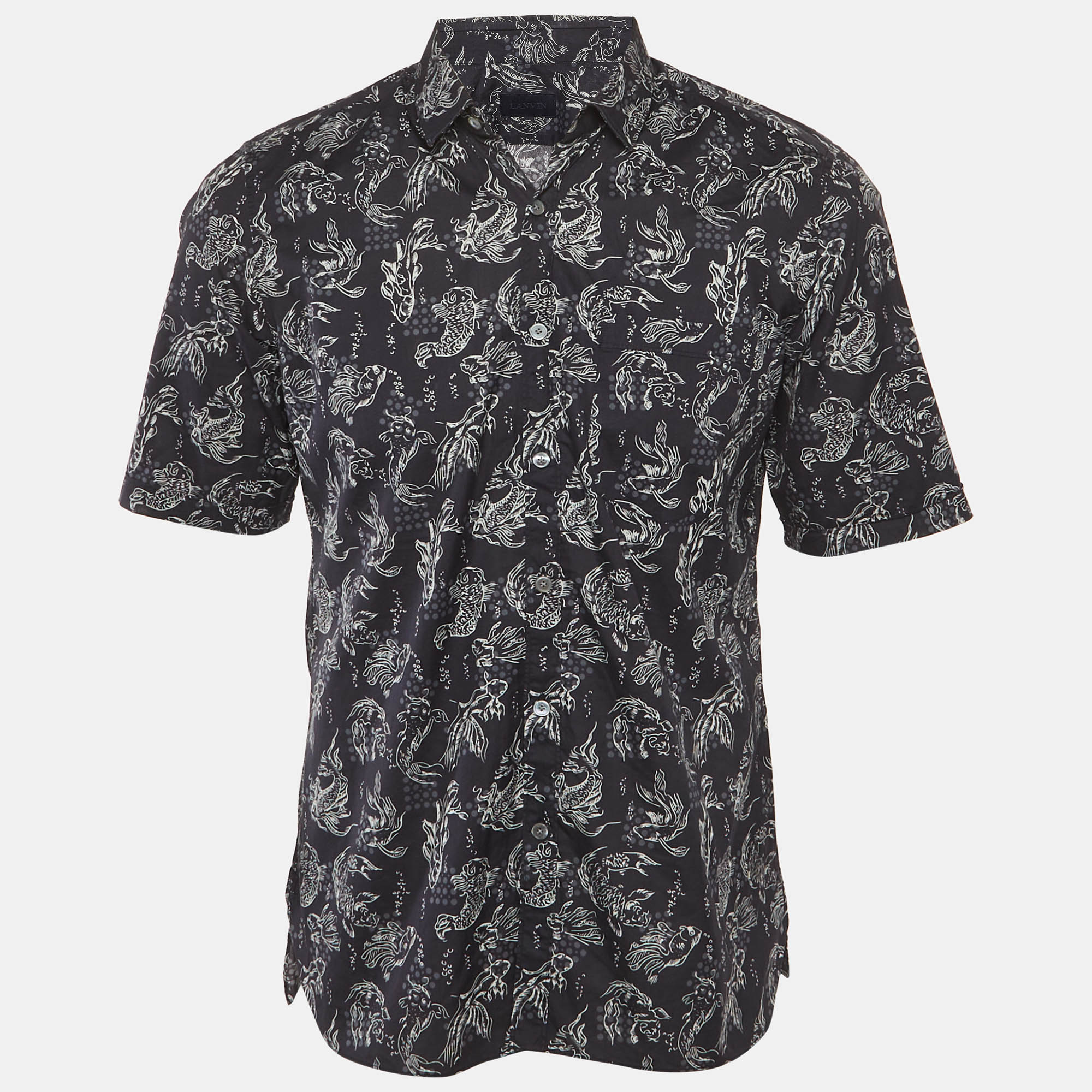 

Lanvin Navy Blue Koi-print Cotton Short Sleeve Shirt L