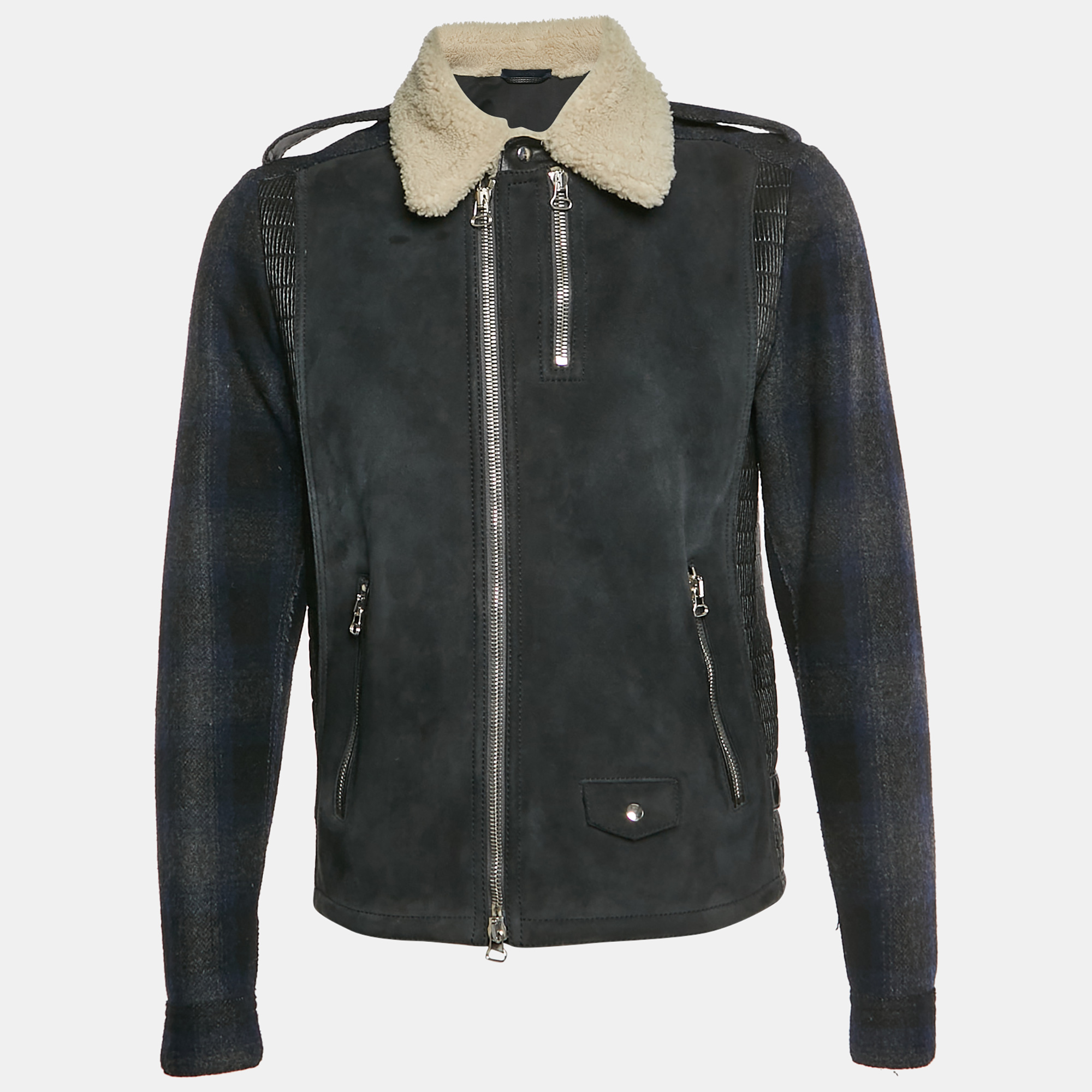 

Lanvin Black Wool Blend and Suede Shearling Collar Moto Jacket XL