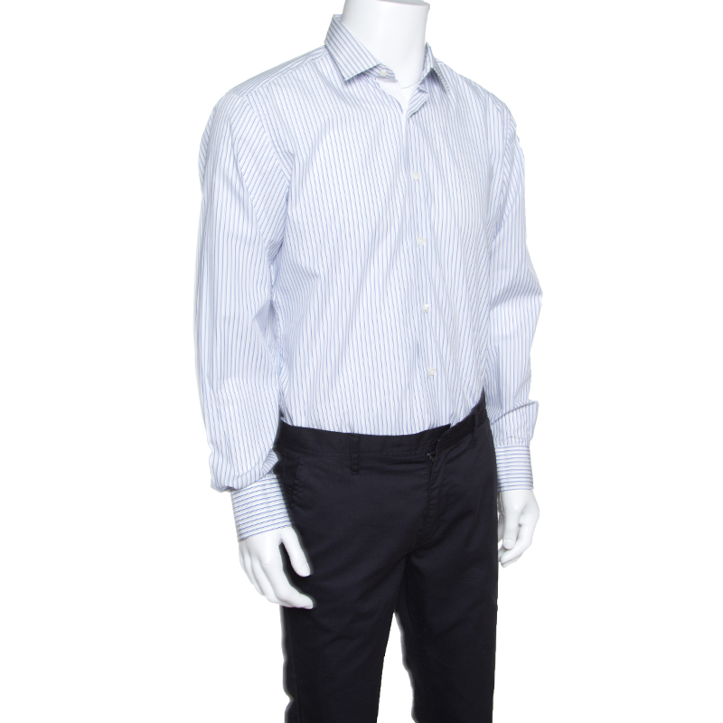 

Lanvin White and Blue Striped Cotton Button Front Shirt
