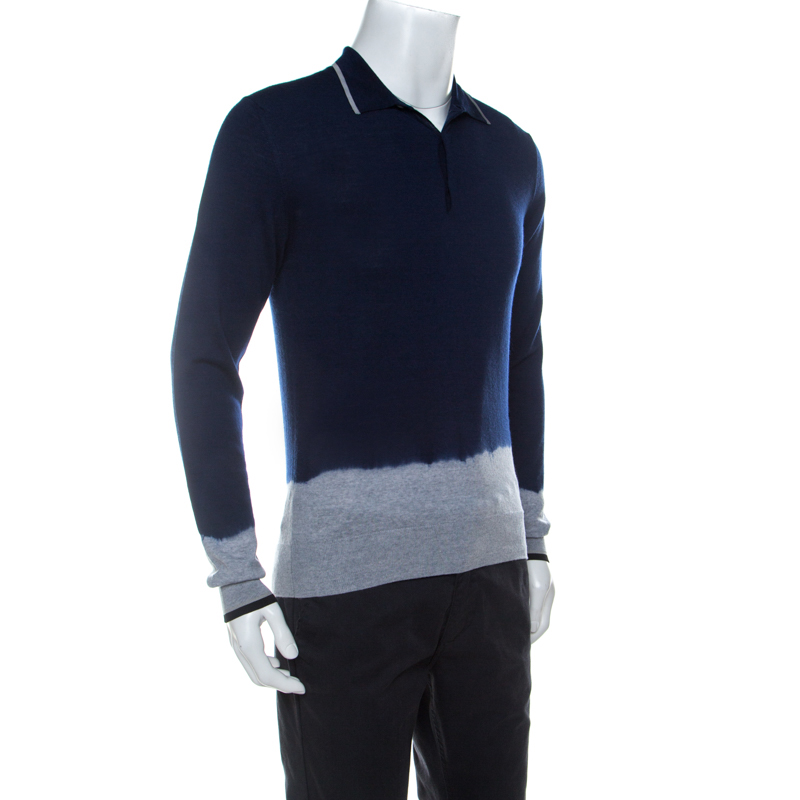 

Lanvin Navy Blue Dip Dye Merino Wool Long Sleeve Polo Neck T-Shirt