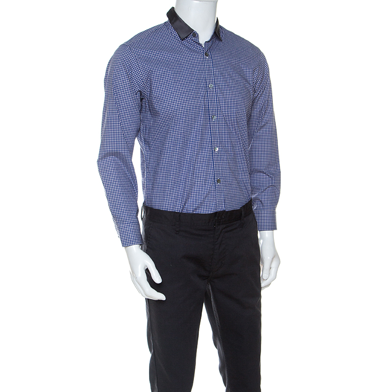 

Lanvin Blue Check Cotton Contrast Collar Shirt