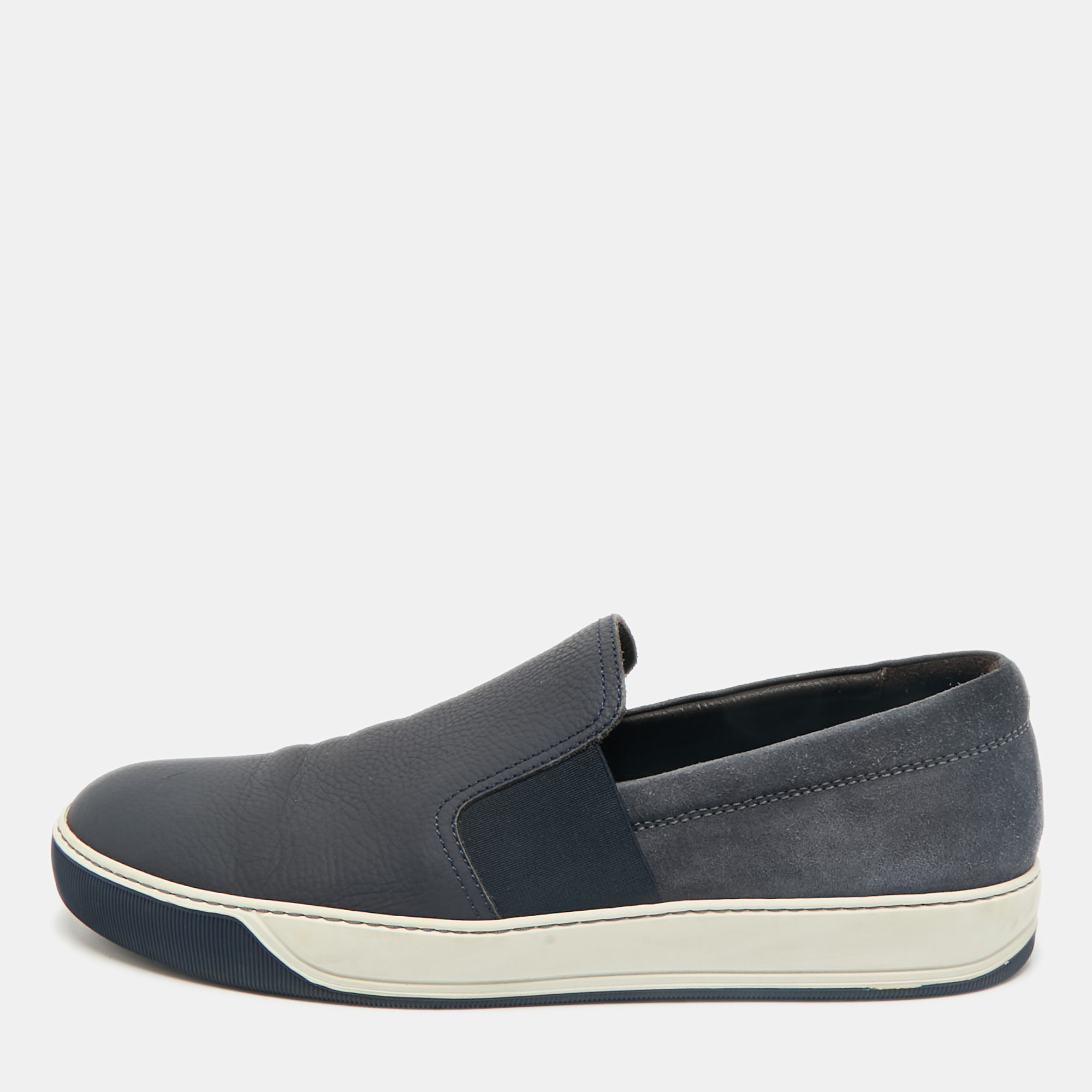 

Lanvin Navy Blue Leather and Suede Slip On Sneakers Size 45