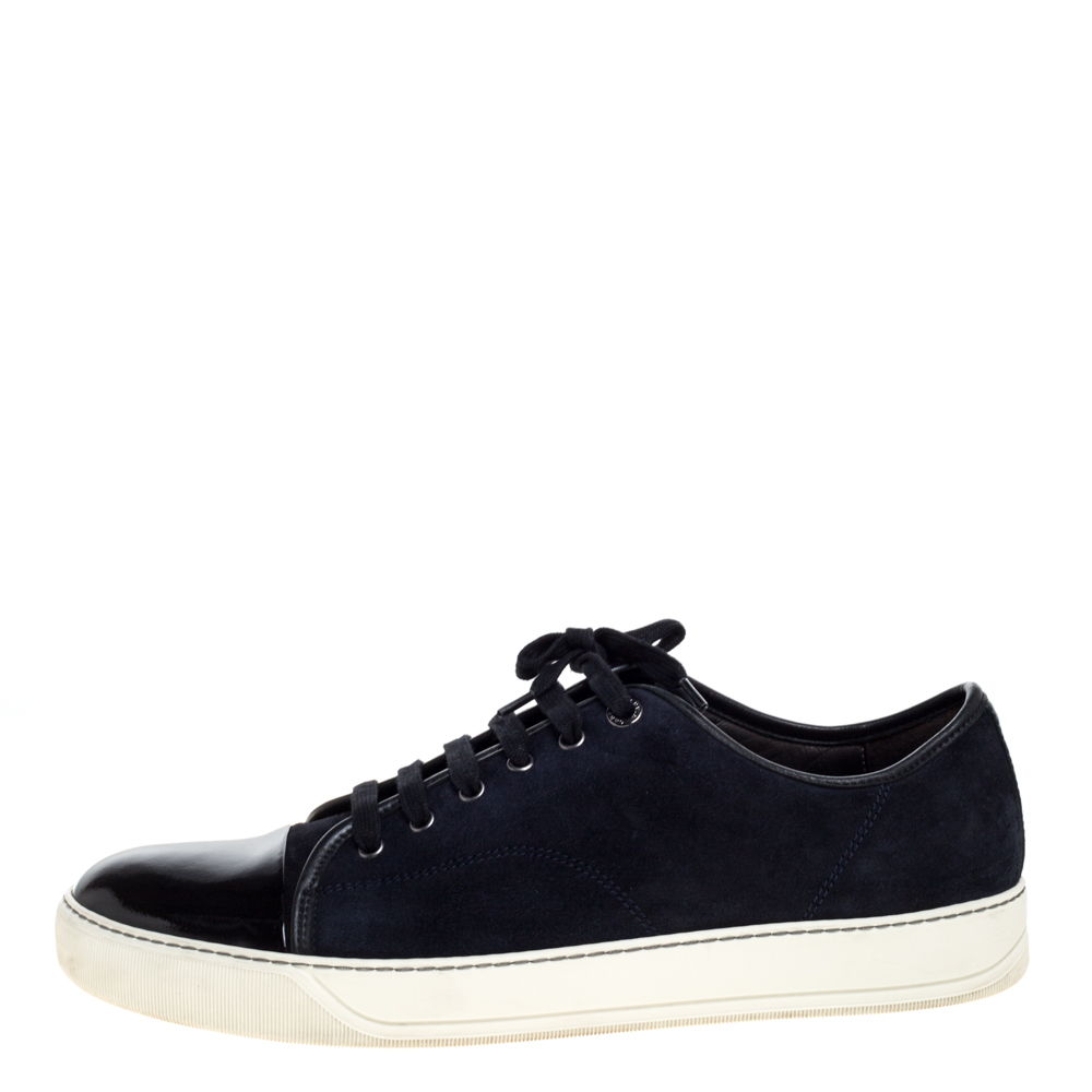 

Lanvin Navy Blue Suede and Patent Leather DDB1 Low Top Sneakers Size