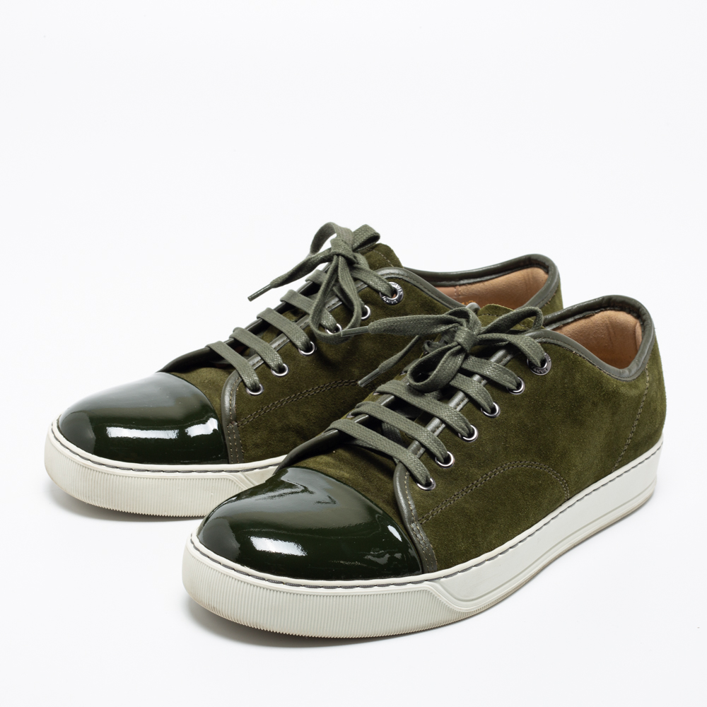 

Lanvin Olive Green Suede and Patent Leather Lace Low Top Sneakers Size