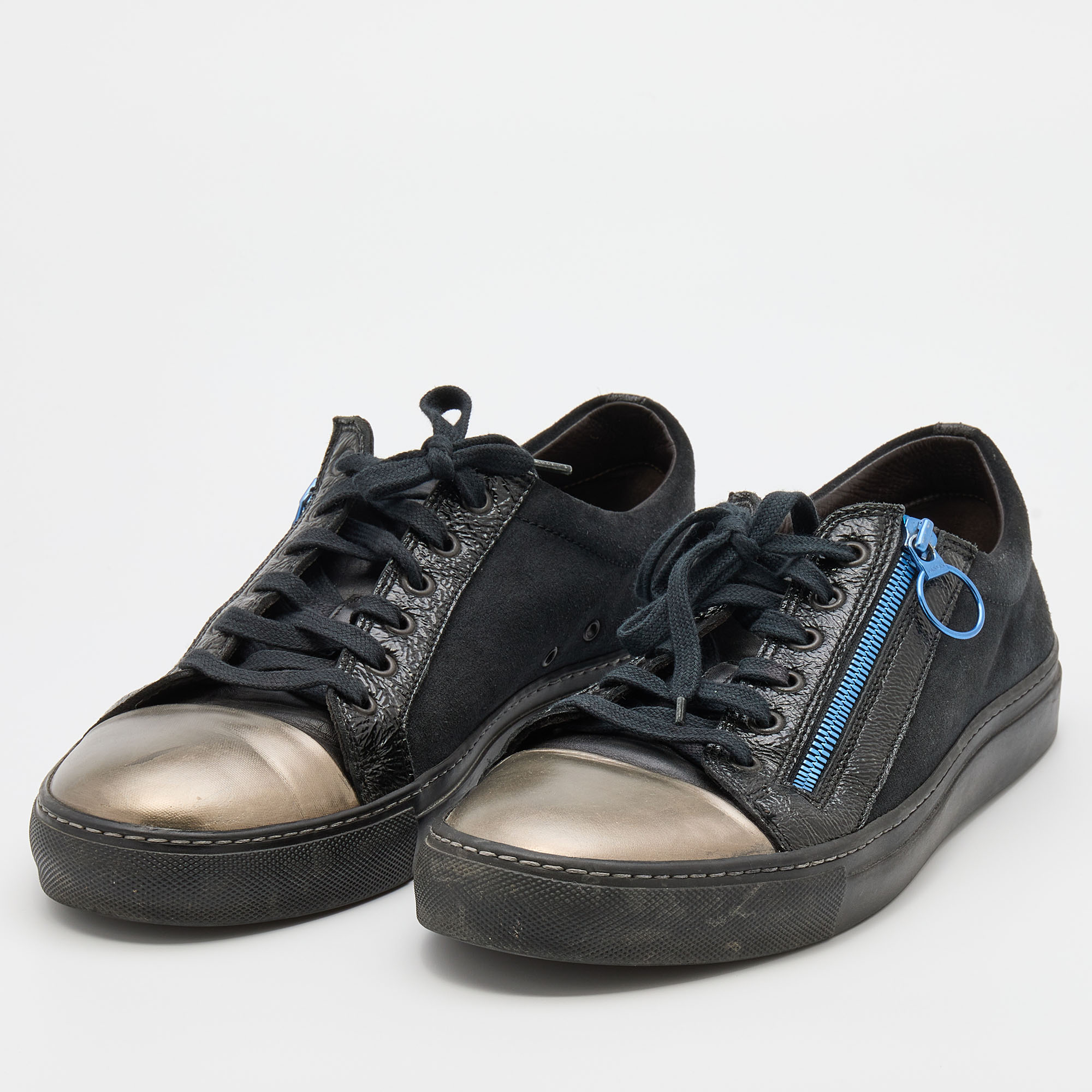 

Lanvin Black/Silver Leather and Suede Low Top Sneakers Size