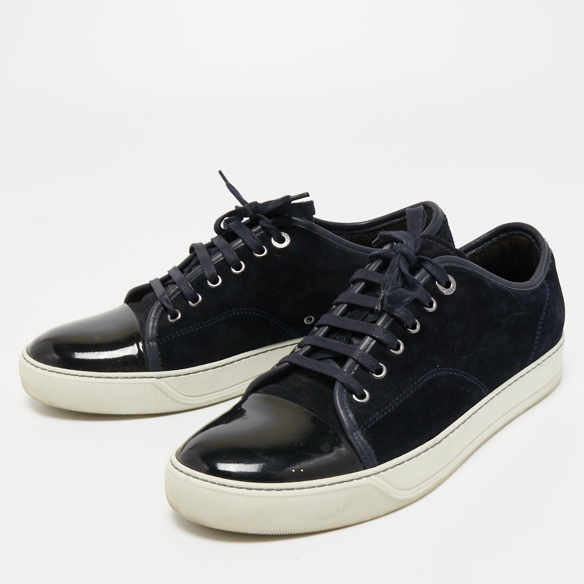 

Lanvin Black/Navy Blue Suede and Patent Low Top Sneakers Size