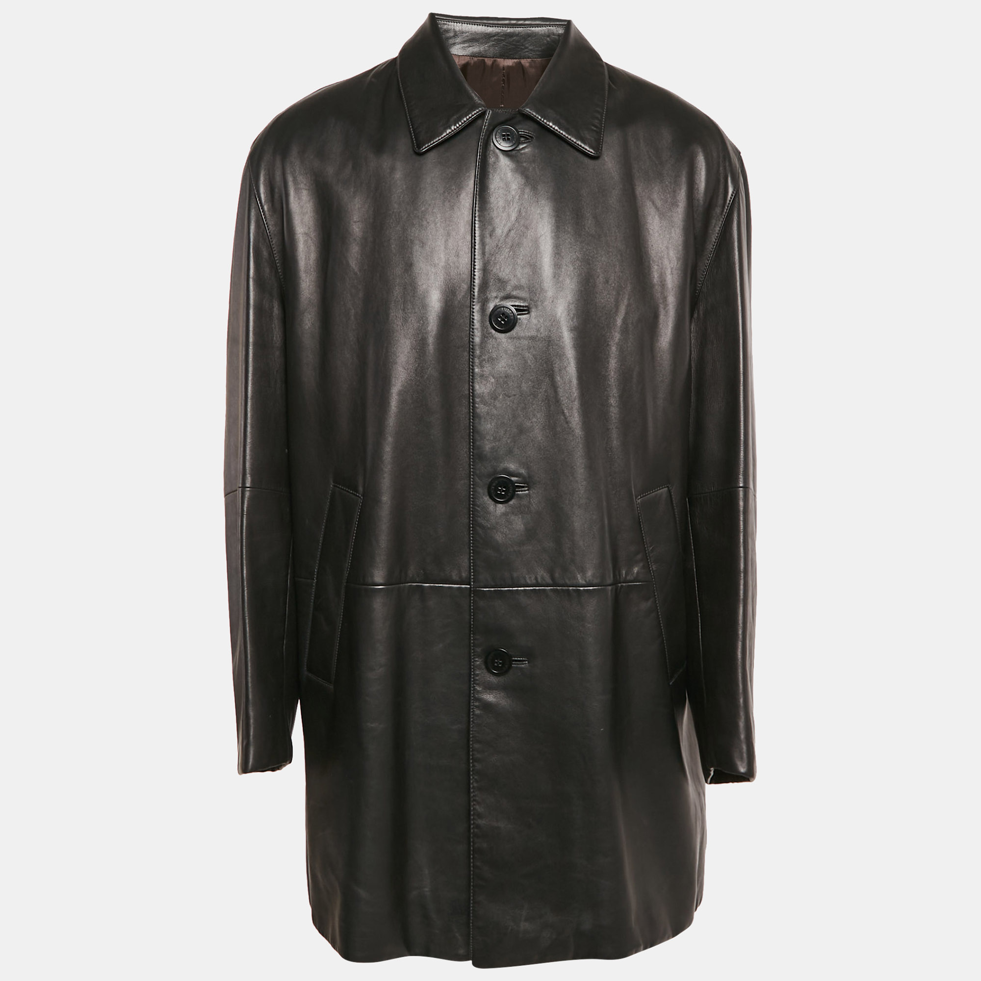 

Loewe Black Leather Button Front Coat XXXL