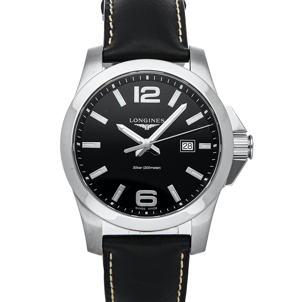 Pre Owned Longines Black Stainless Steel Conquest L3.760.4.56.3 Men's Wristwatch 43 MM