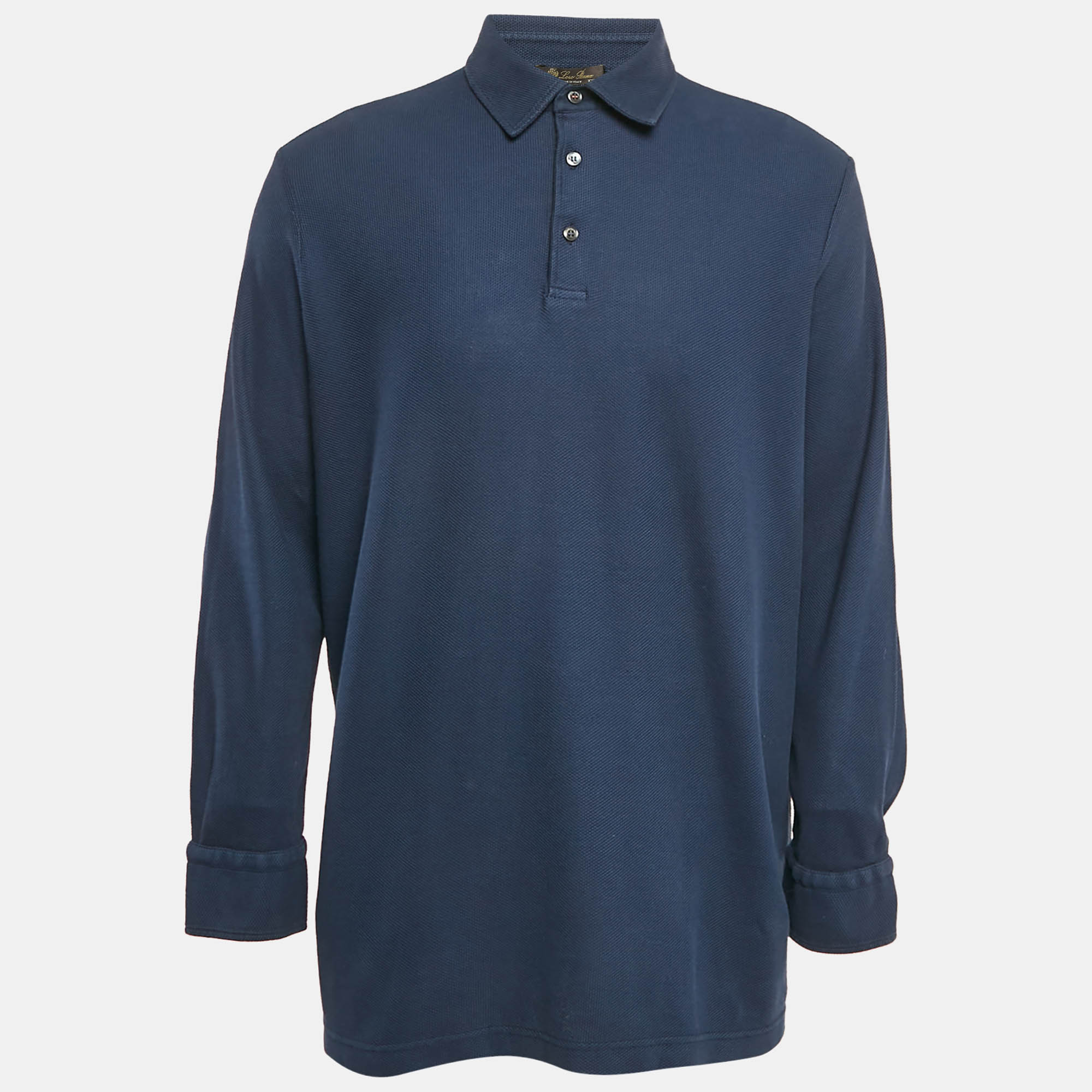 

Loro Piana Blue Pique Cotton Long Sleeve Polo T-Shirt 4XL, Navy blue