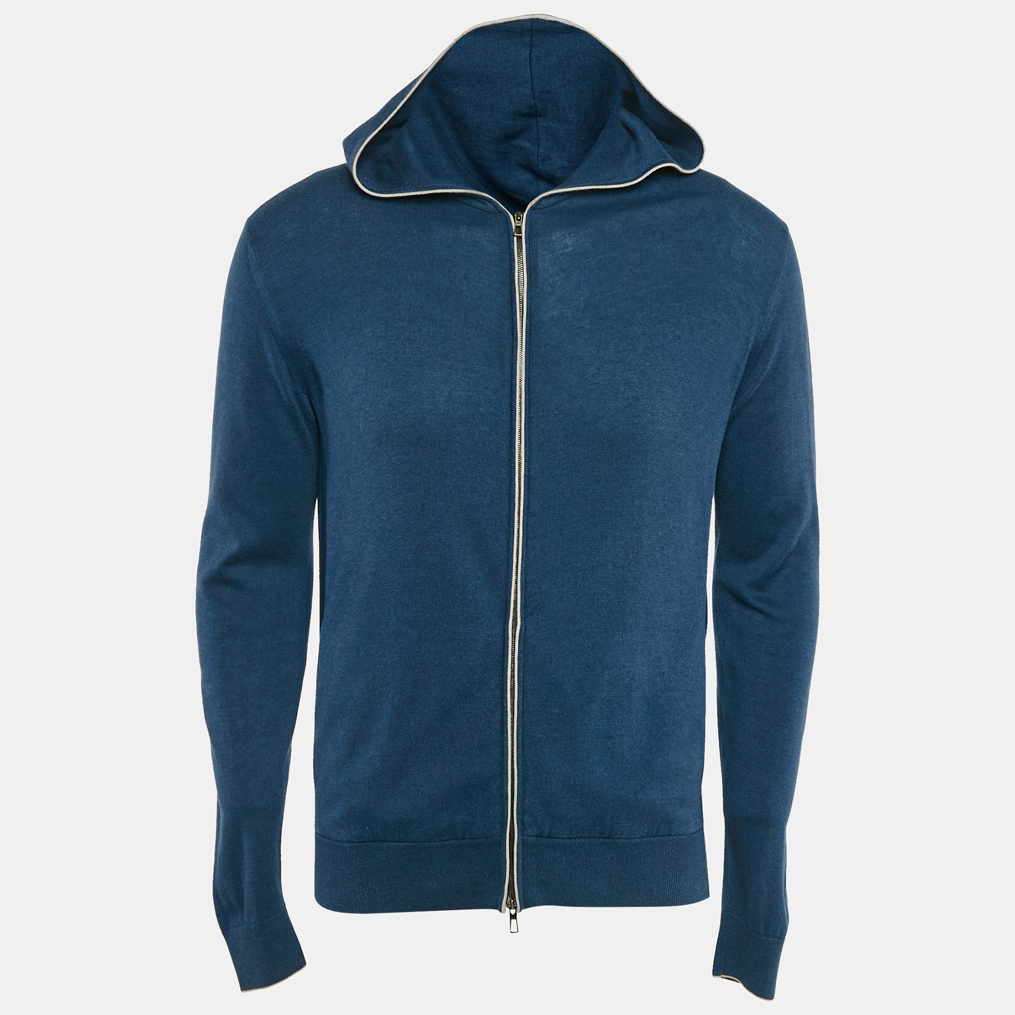 

Loro Piana Blue Cashmere and Cotton Knit Hooded Leasure Bomber Jacket M