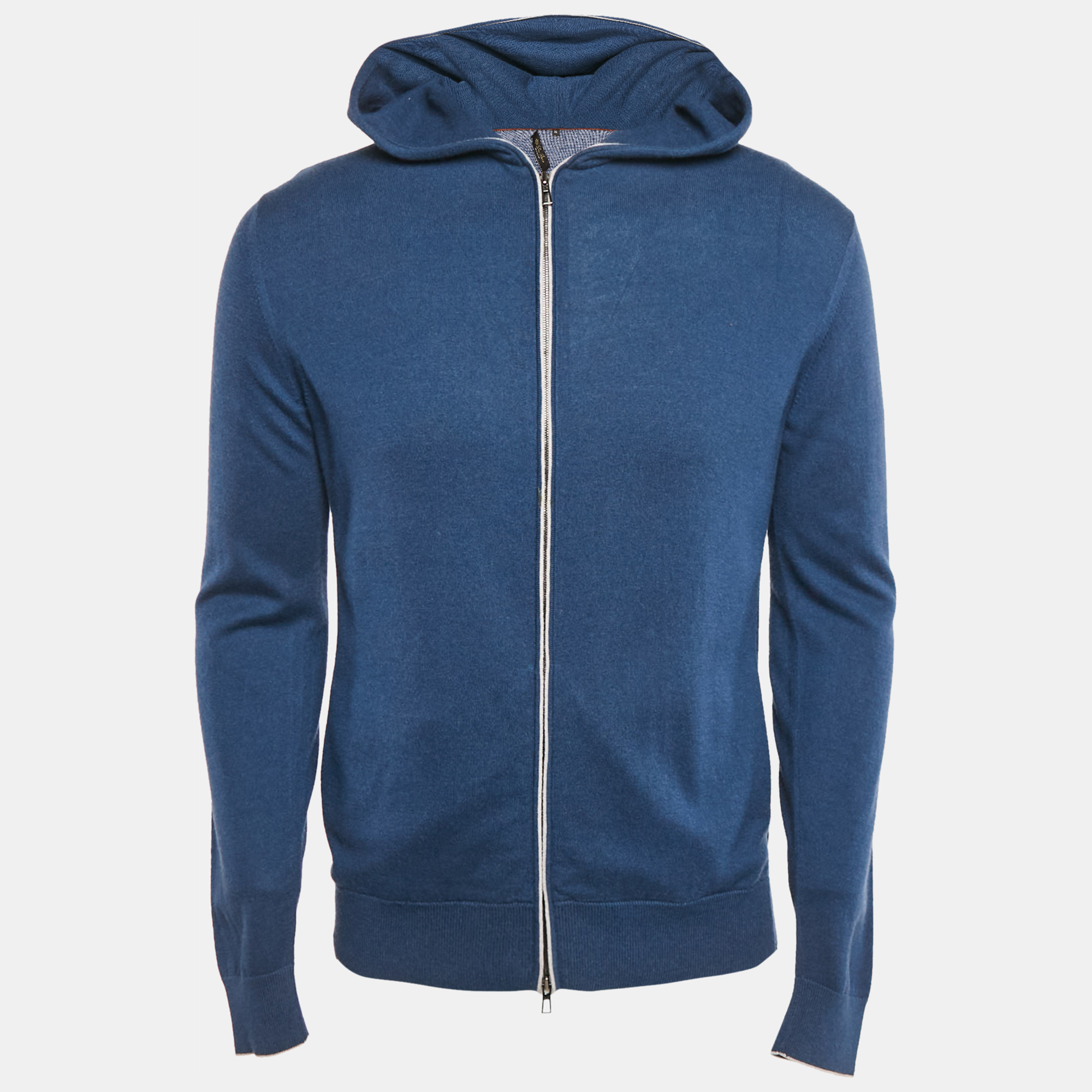 

Loro Piana Blue Cashmere and Cotton Knit Hooded Leasure Bomber Jacket M