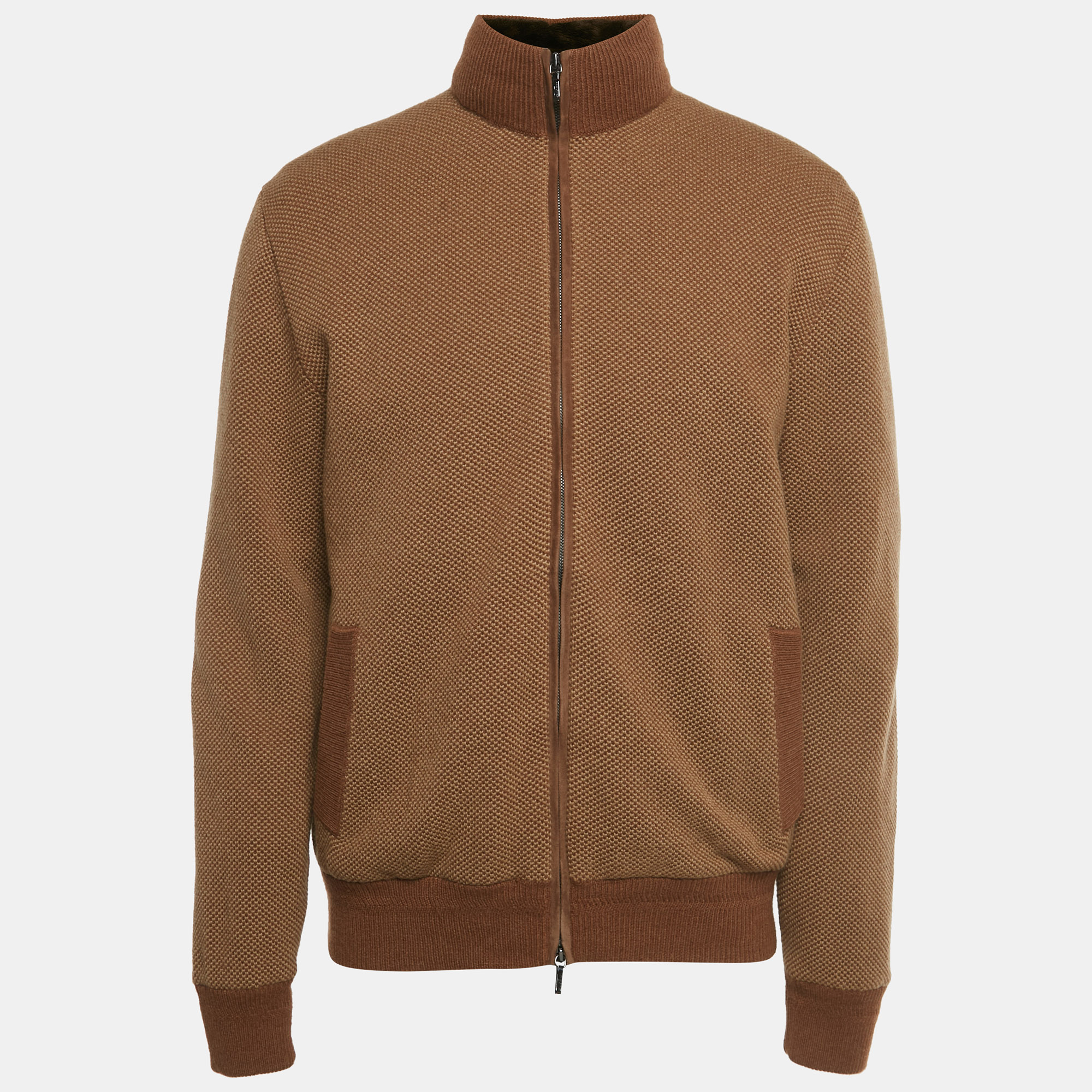 

Loro Piana Brown Real Fur Trim and Cashmere Zip-Up Jacket XL
