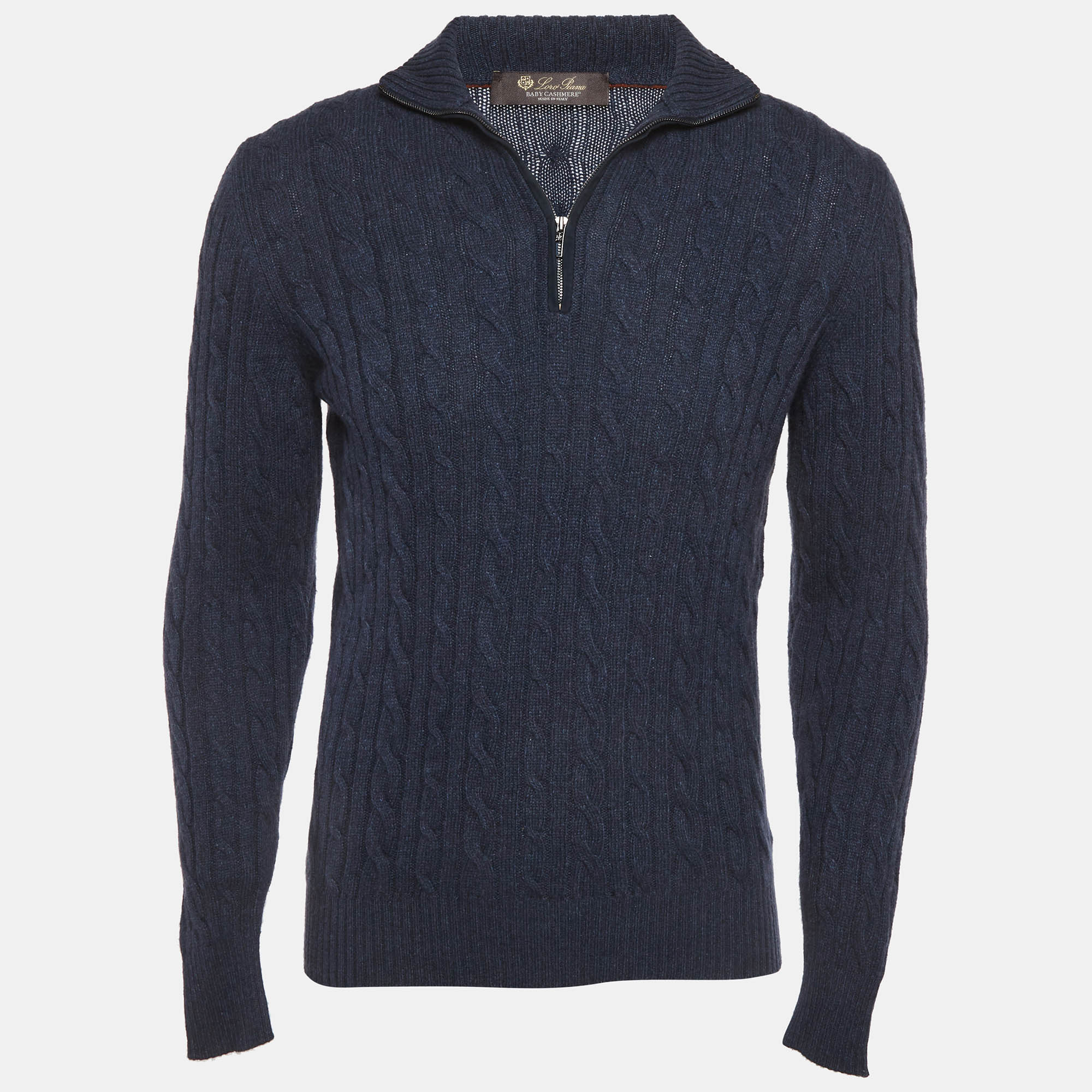 

Loro Piana Blue Cable Cashmere Knit Half Zipper Sweater L