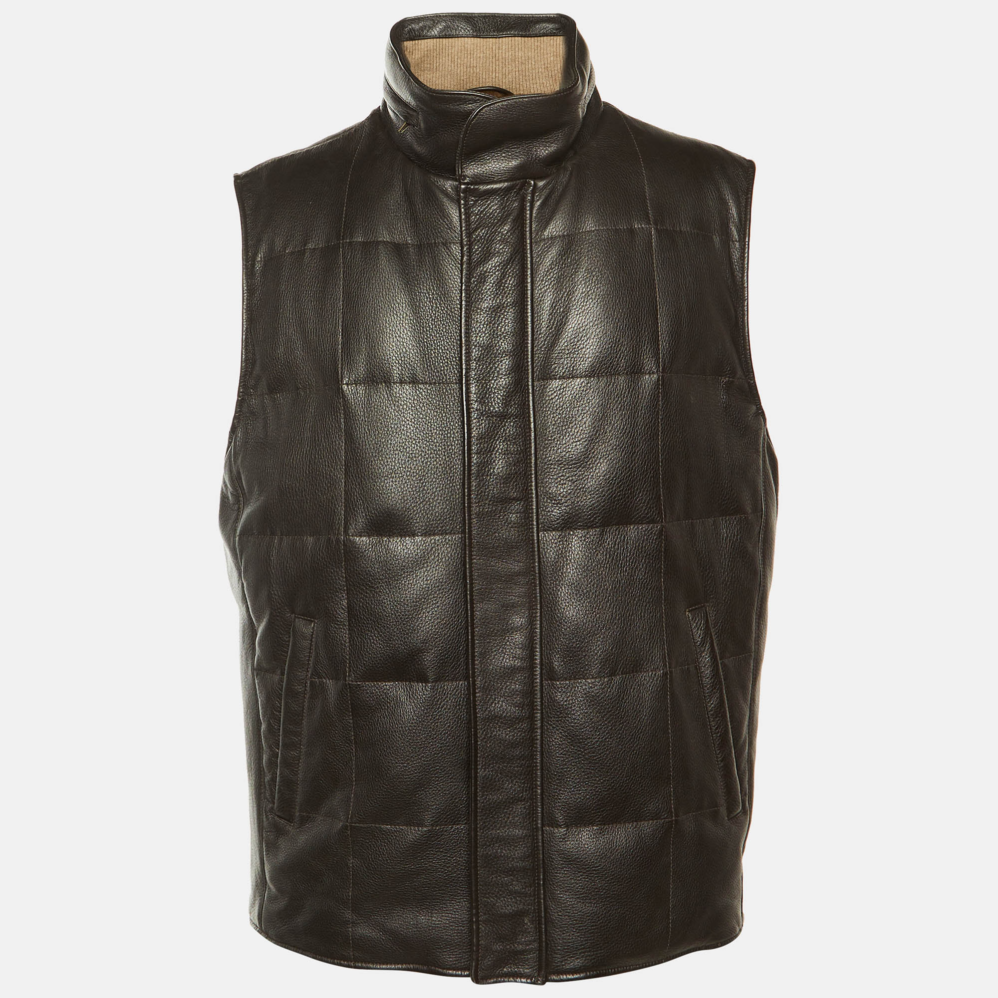 

Loro Piana Brown Leather & Fur Sleeveless Jacket 3XL