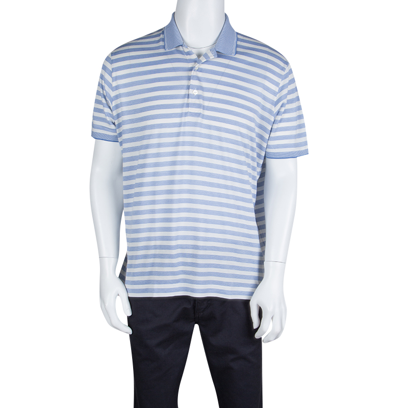 Loro Piana Blue and White Striped Polo T-Shirt L Loro Piana | TLC