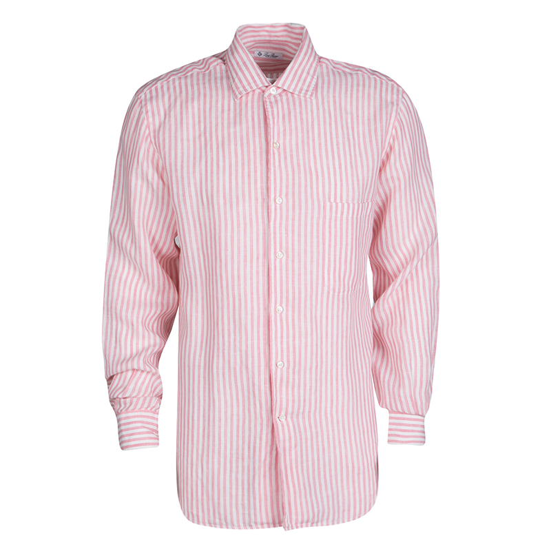 Pre Owned Loro Piana Pink and White Striped Linen Button Front Shirt L