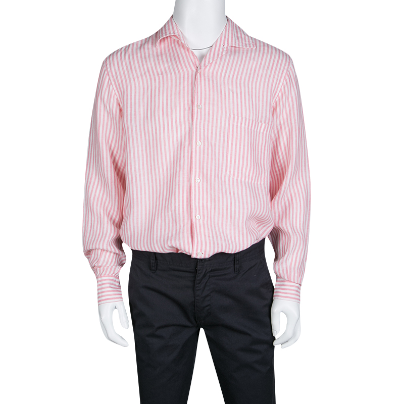 Loro Piana Pink and White Striped Linen Button Front Shirt L Loro Piana ...