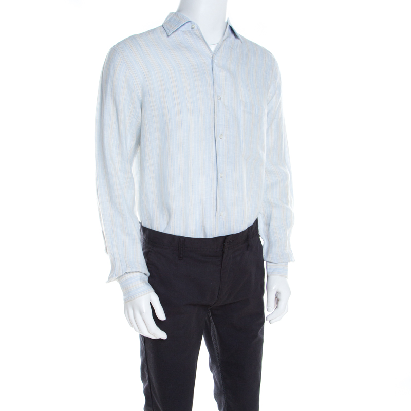 

Loro Piana Pale Blue Striped Button Front Andre Linen Shirt, Black