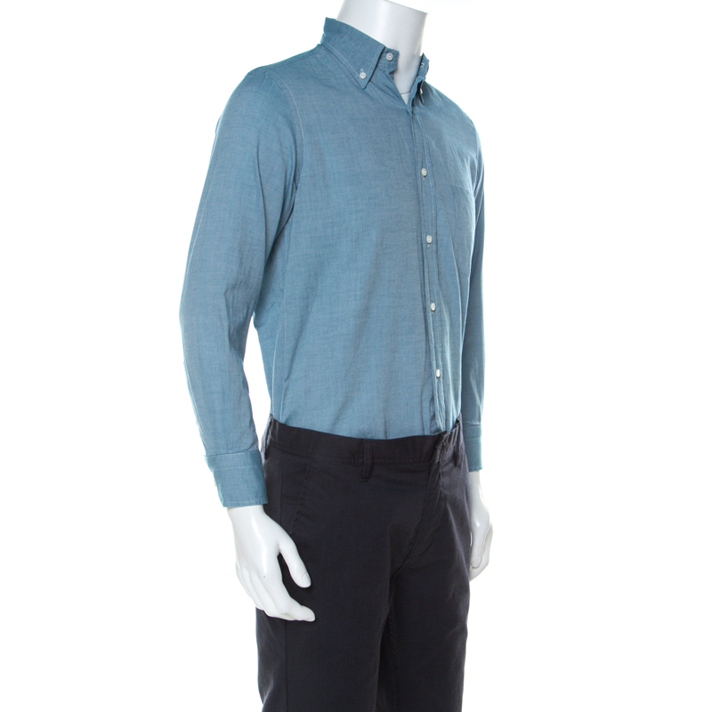 

Loro Piana Teal Blue Woven Cotton Long Sleeve Button Down Collar Shirt