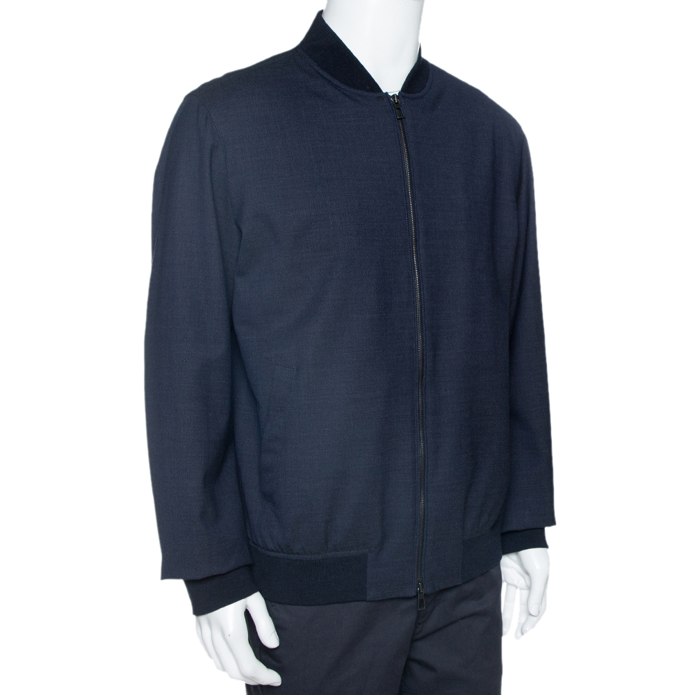 

Loro Piana Navy Blue Wool Storm System Bomber Jacket