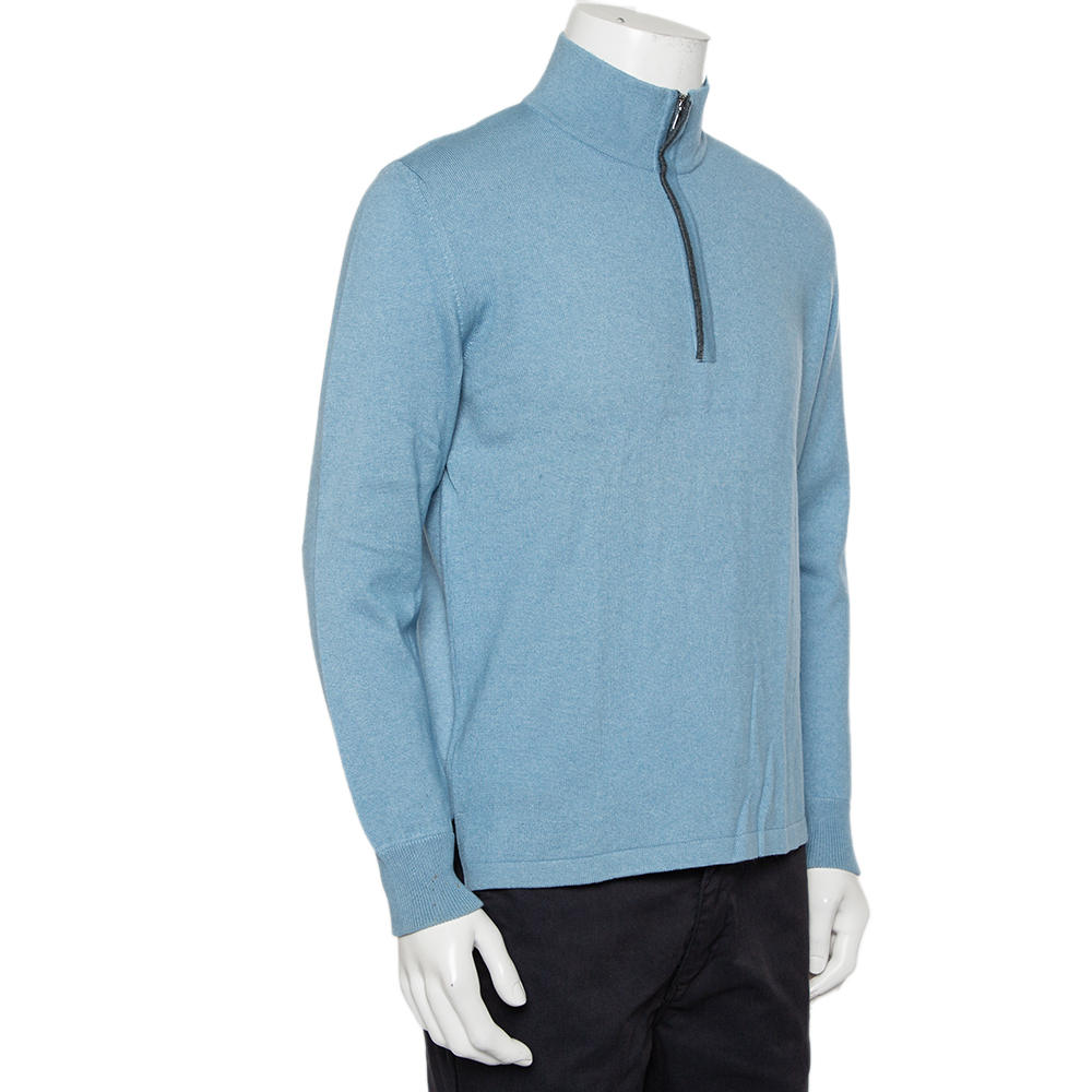 

Loro Piana Blue Cashmere & Silk Half Zip High Neck Sweater