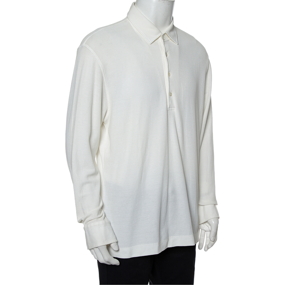 

Loro Piana White Cotton Pique Long Sleeve Polo T-Shirt 3XL