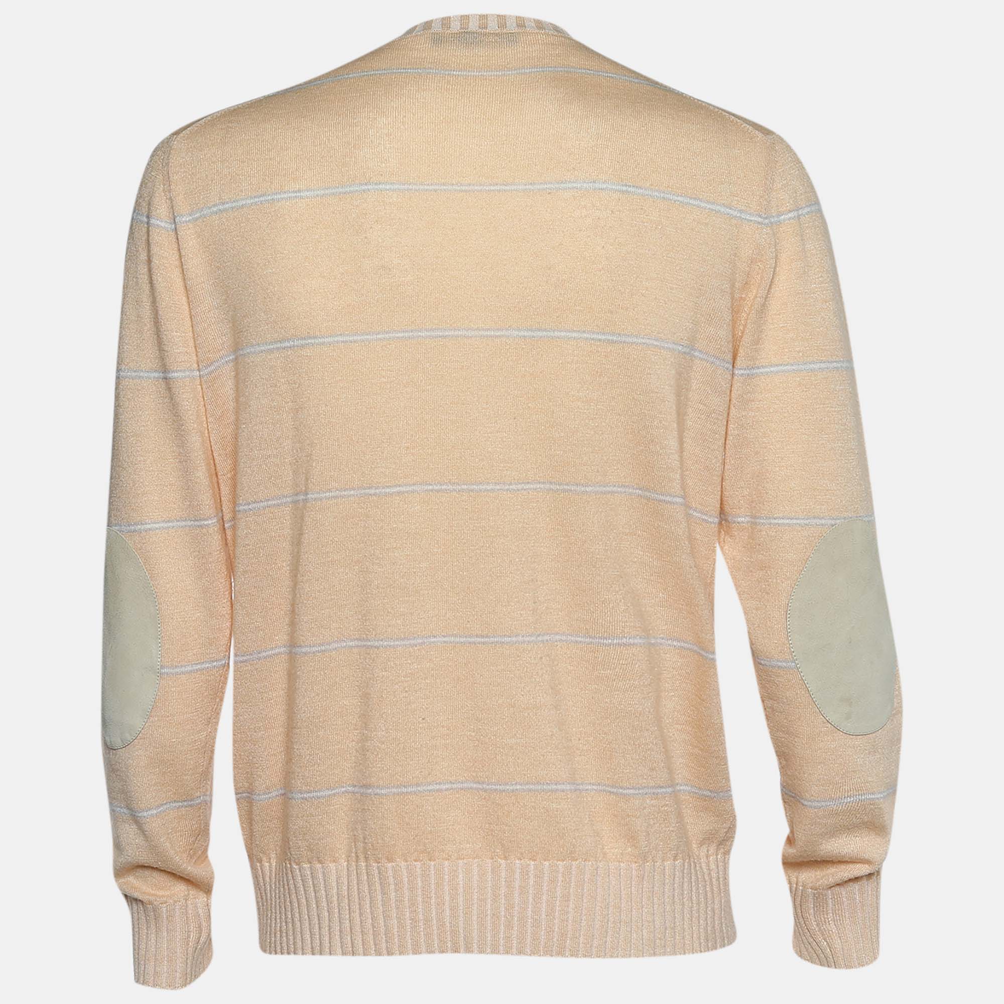 

Loro Piana Peach Striped Cashmere Knit Long Sleeve Sweater, Orange