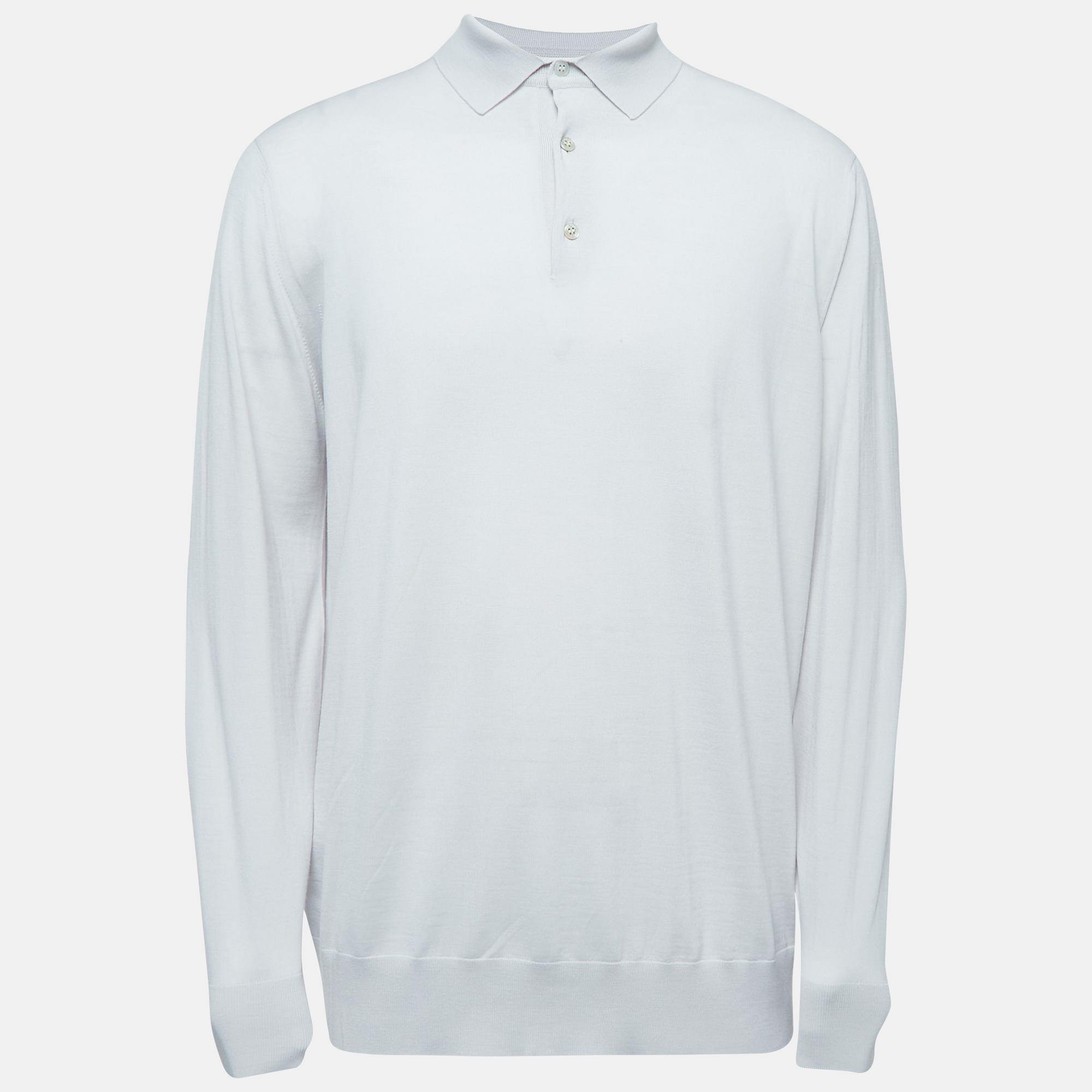 Pre Owned Loro Piana Light Grey Wool Long Sleeve Polo T-Shirt 3XL