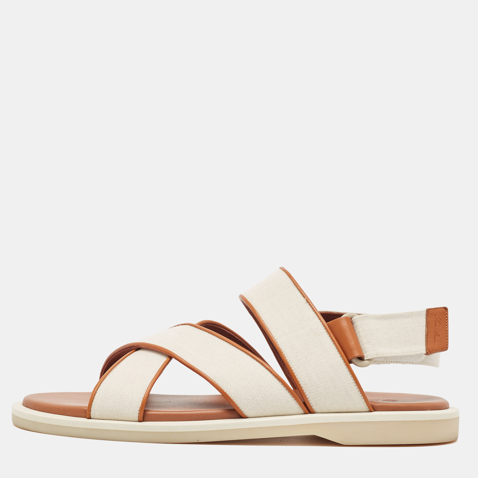 

Loro Piana White/Brown Canvas and Leather Slingback Sandals Size