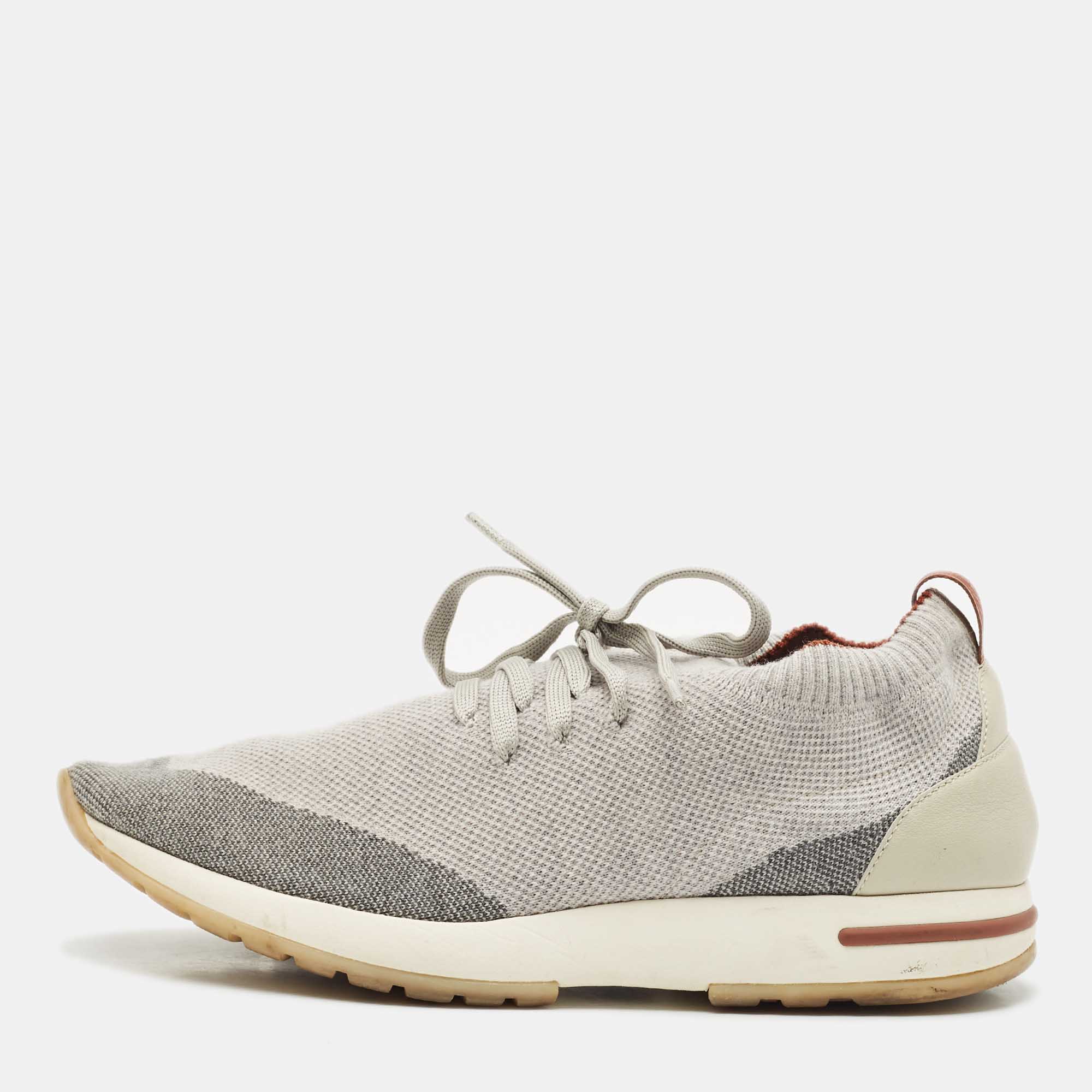 Pre-owned Loro Piana Grey Knit Fabric And Leather 360 Flexy Walker Slip On Trainers Size 40