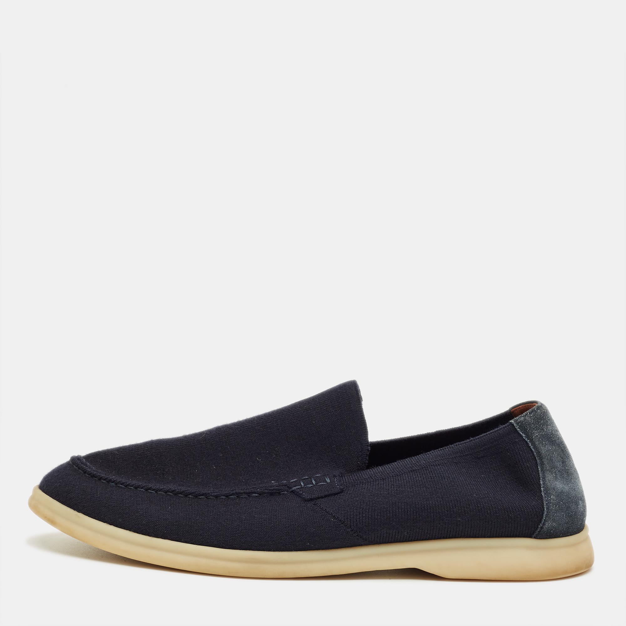 

Loro Piana Navy Blue Knit Fabric and Suede Summer Walk Slip On Loafers Size