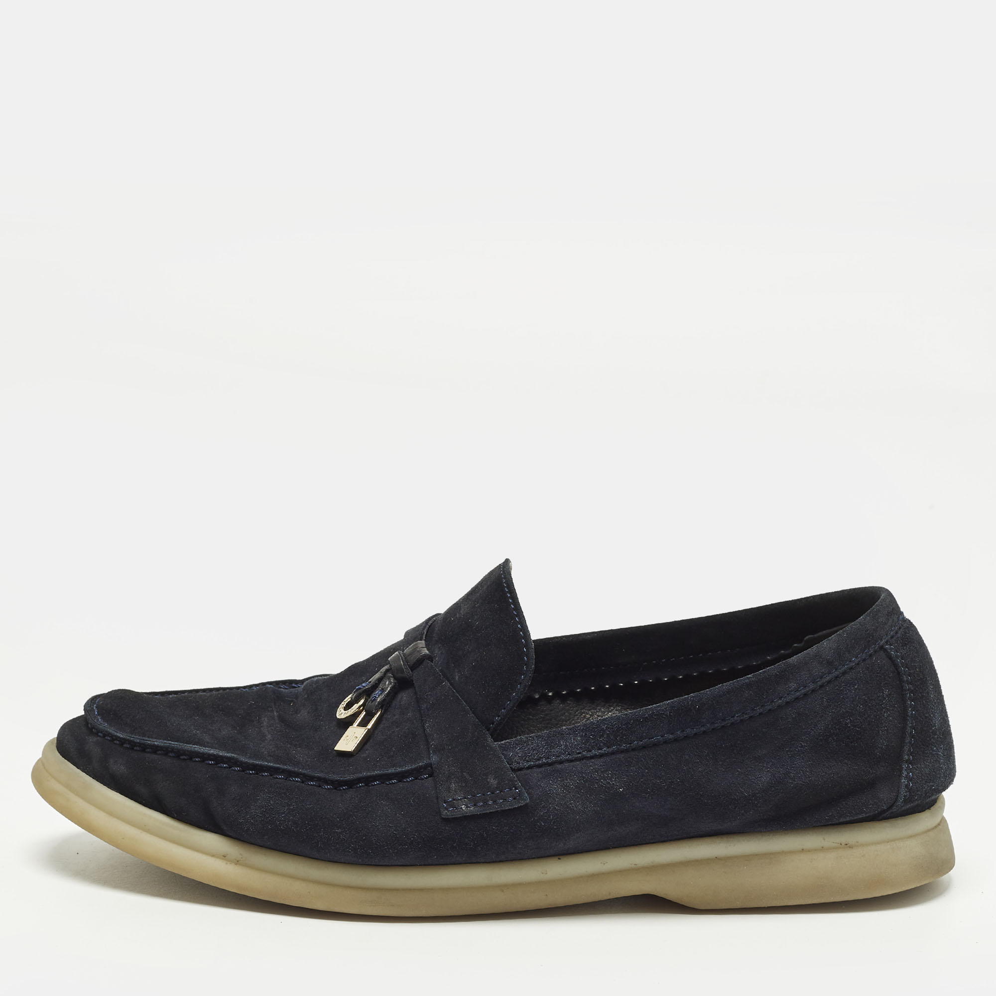 

Loro Piana Summer Charms Walk Size  Navy Blue Suede Loafers