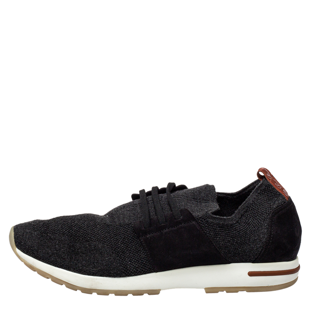 

Loro Piana Dark Grey Knit Fabric And Nubuck Slip On Sneakers Size