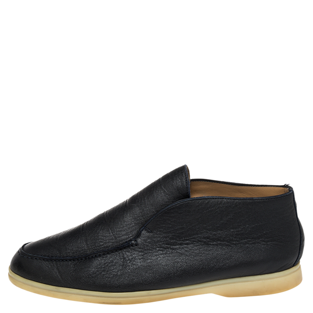 

Loro Piana Dark Navy Blue Leather Summer Walk Slip On Loafers Size