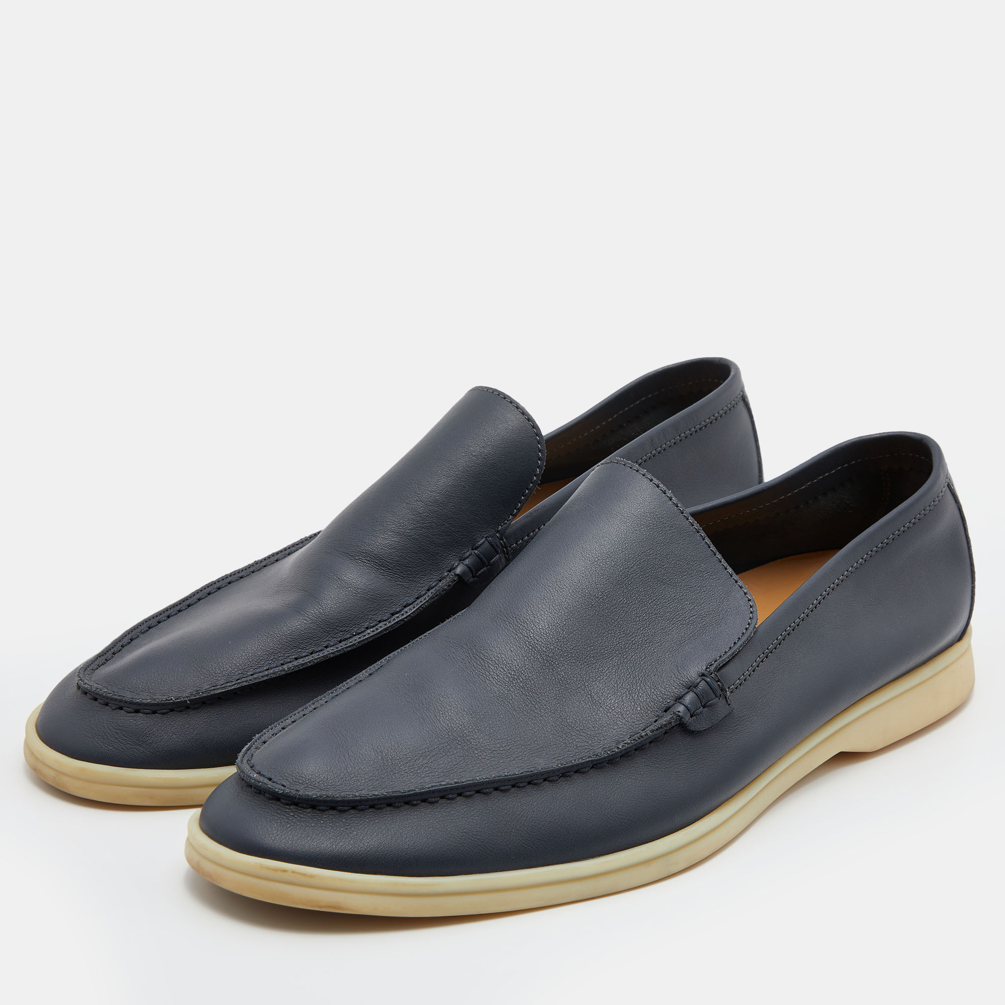 

Loro Piana Navy Blue Leather Summer Walk Slip On Loafers Size