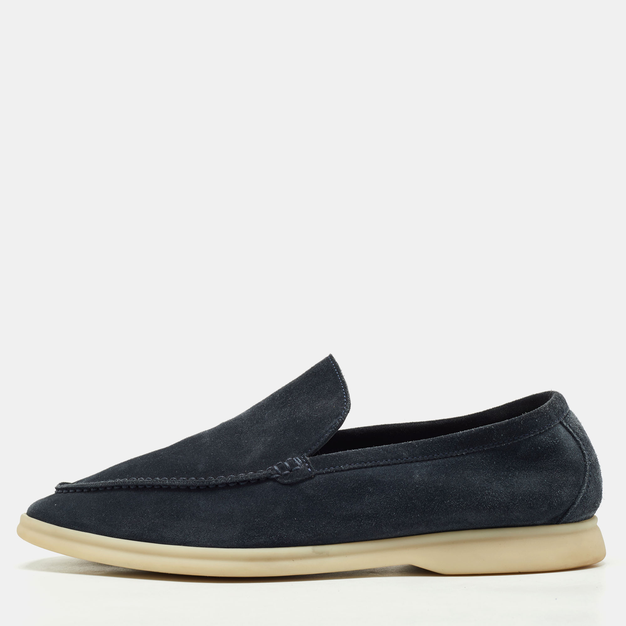 Pre Owned Loro Piana Dark Blue Suede Summer Walk Slip On Loafers Size 41