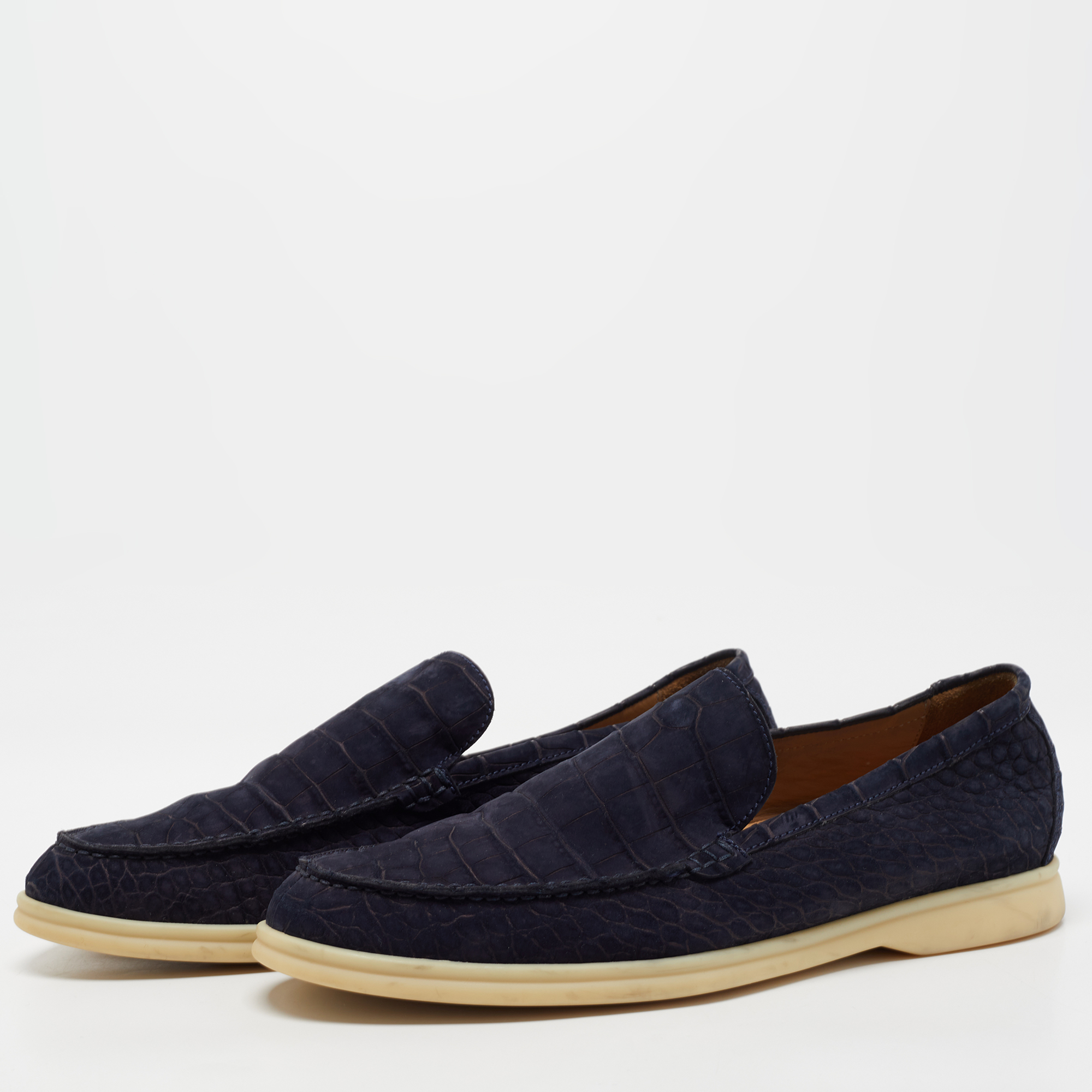 

Loro Piana Navy Blue Croc Embossed Leather Loafers Size