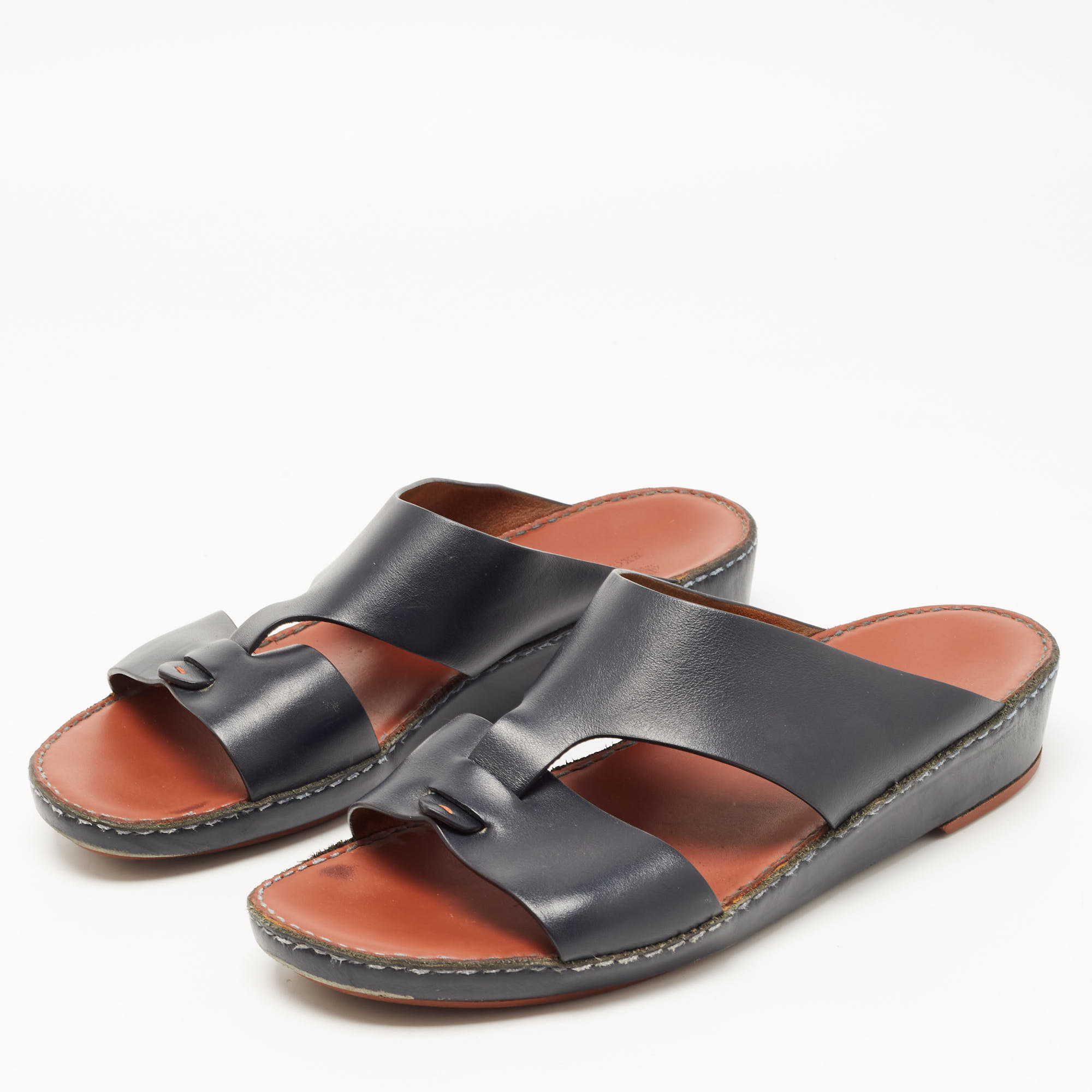 

Loro Piana Navy Blue Leather Buckle Sandals Size