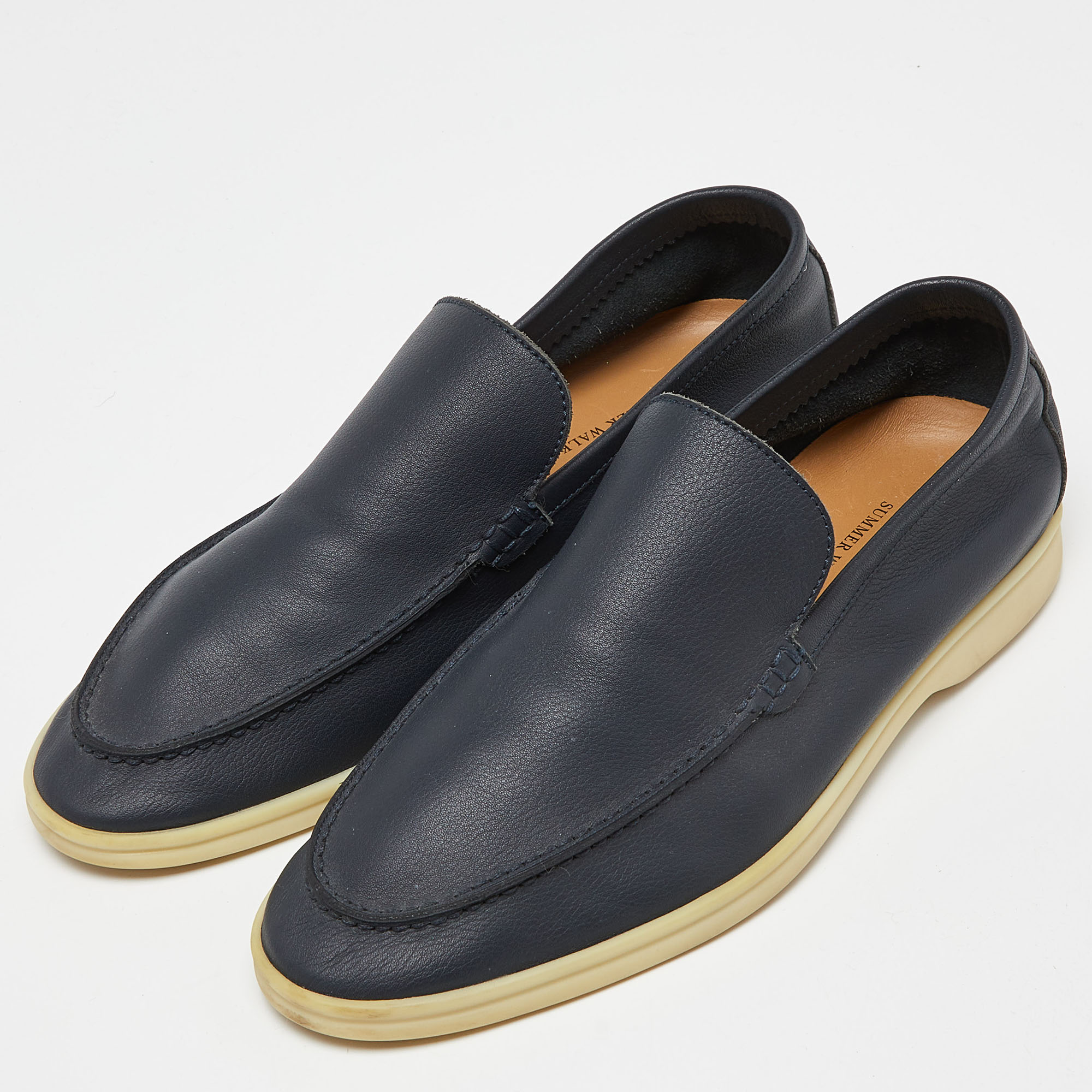 

Loro Piana Navy Blue Leather Summer Walk Slip On Loafers Size
