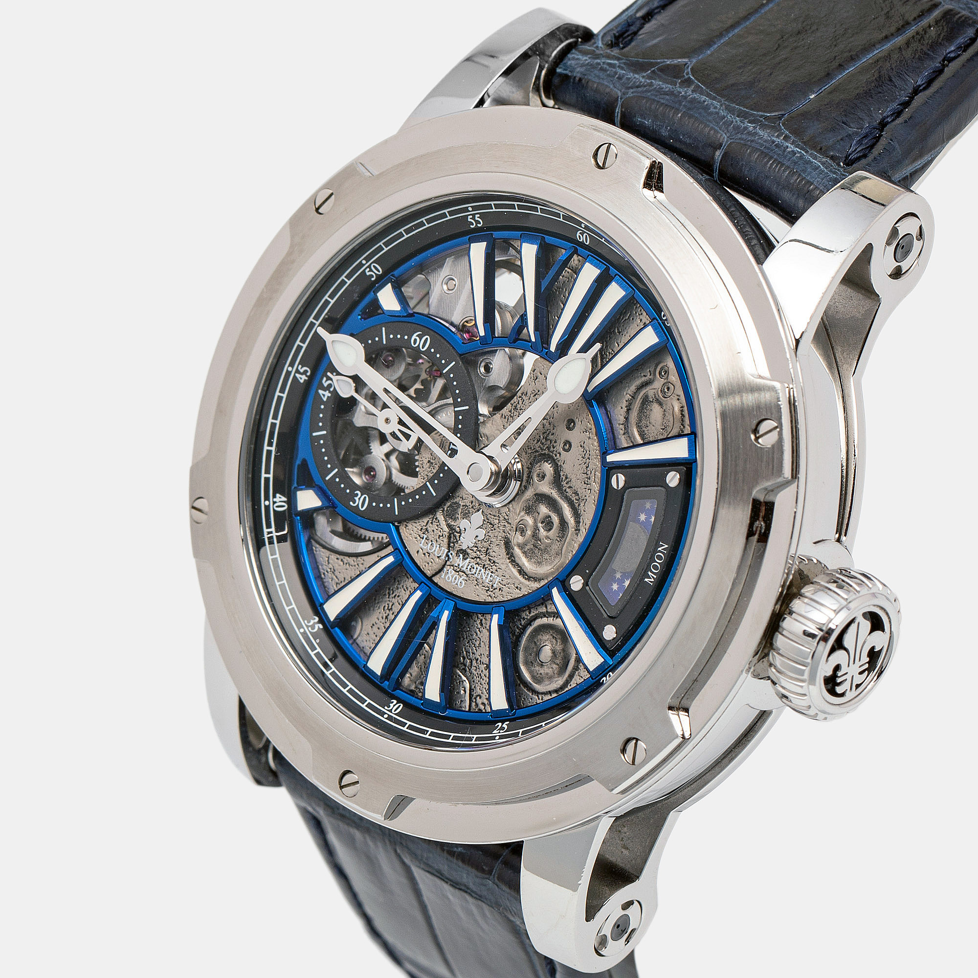 

Louis Moinet Silver Grey Stainless Steel Alligator Leather Metropolis Moon Limited Edition LM-45.10B.MO Men's Wristwatch, Blue