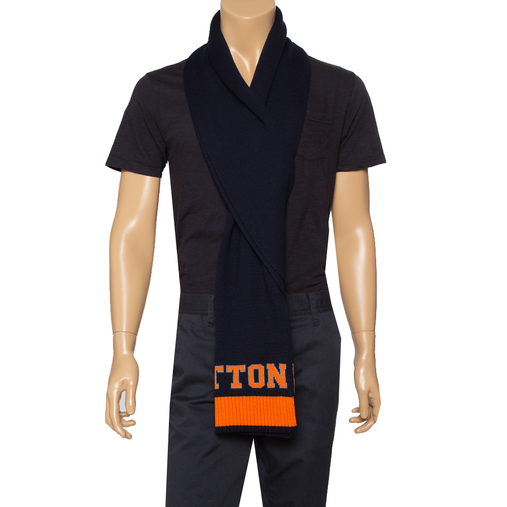 

Louis Vuitton Navy Blue & Orange Logo Wool Louis Scarf