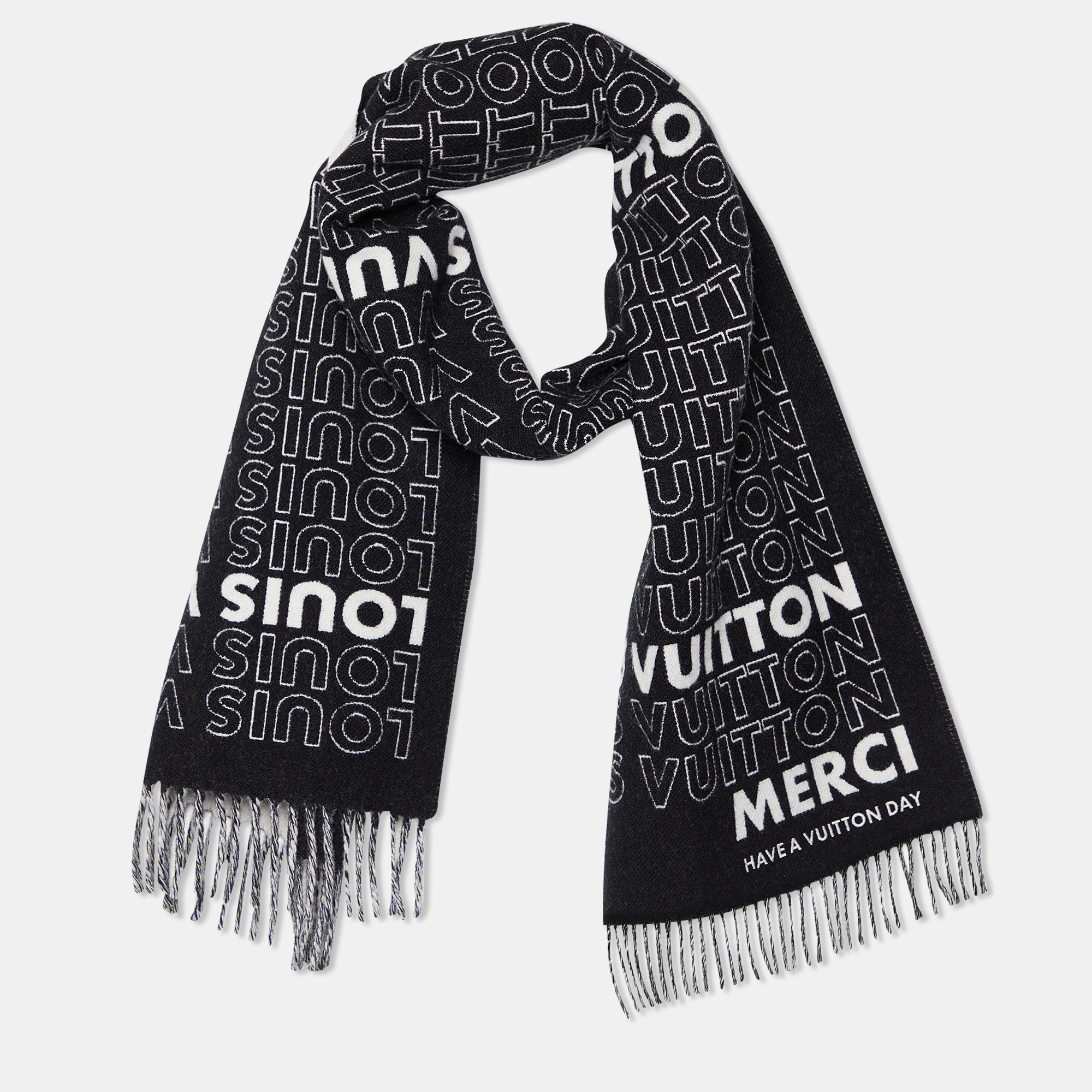 

Louis Vuitton Black Logo Intarsia Knit Wool & Cashmere Fringed Muffler