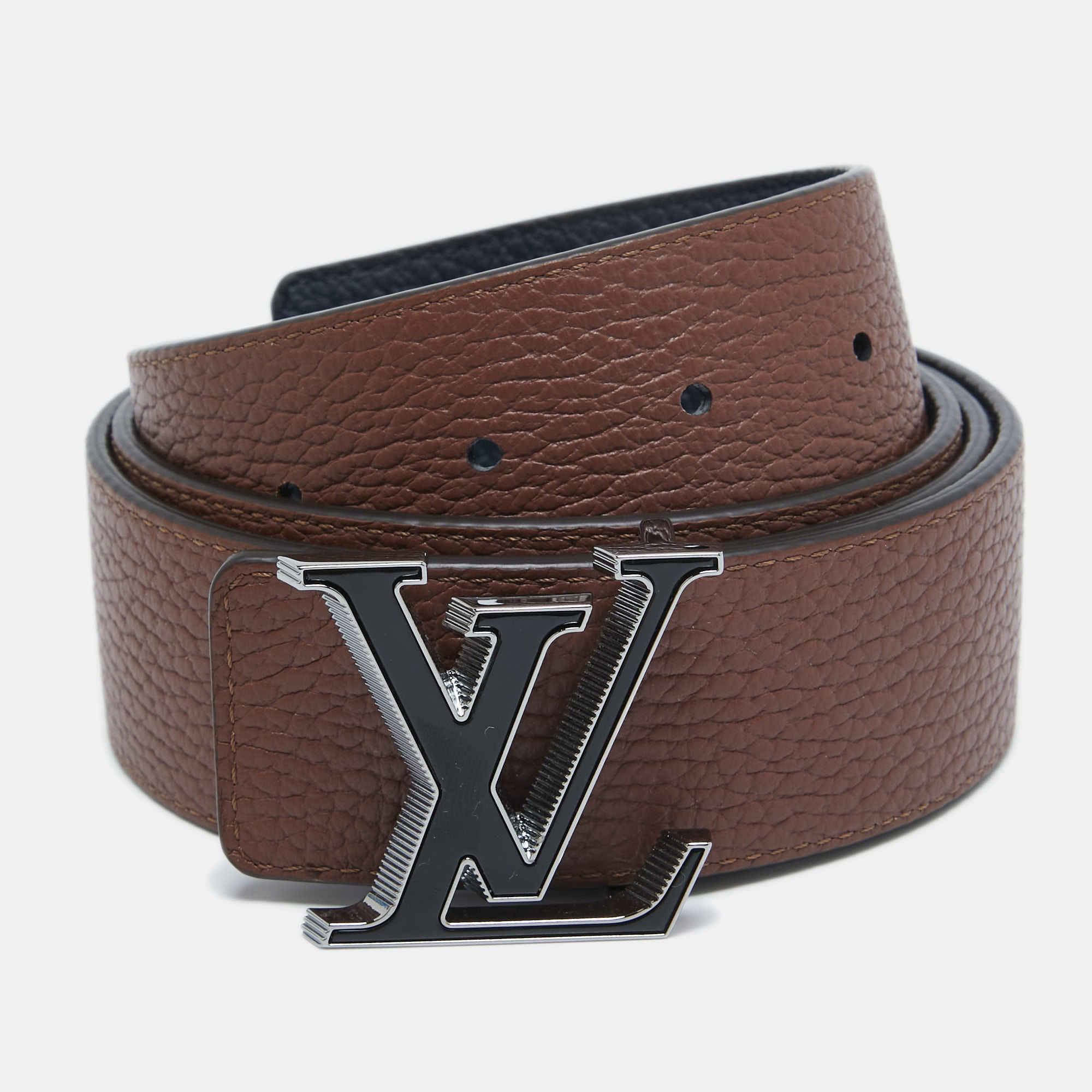 Pre Owned Louis Vuitton Navy Blue/Brown Taurillon Leather LV Tilt Reversible Belt 100CM