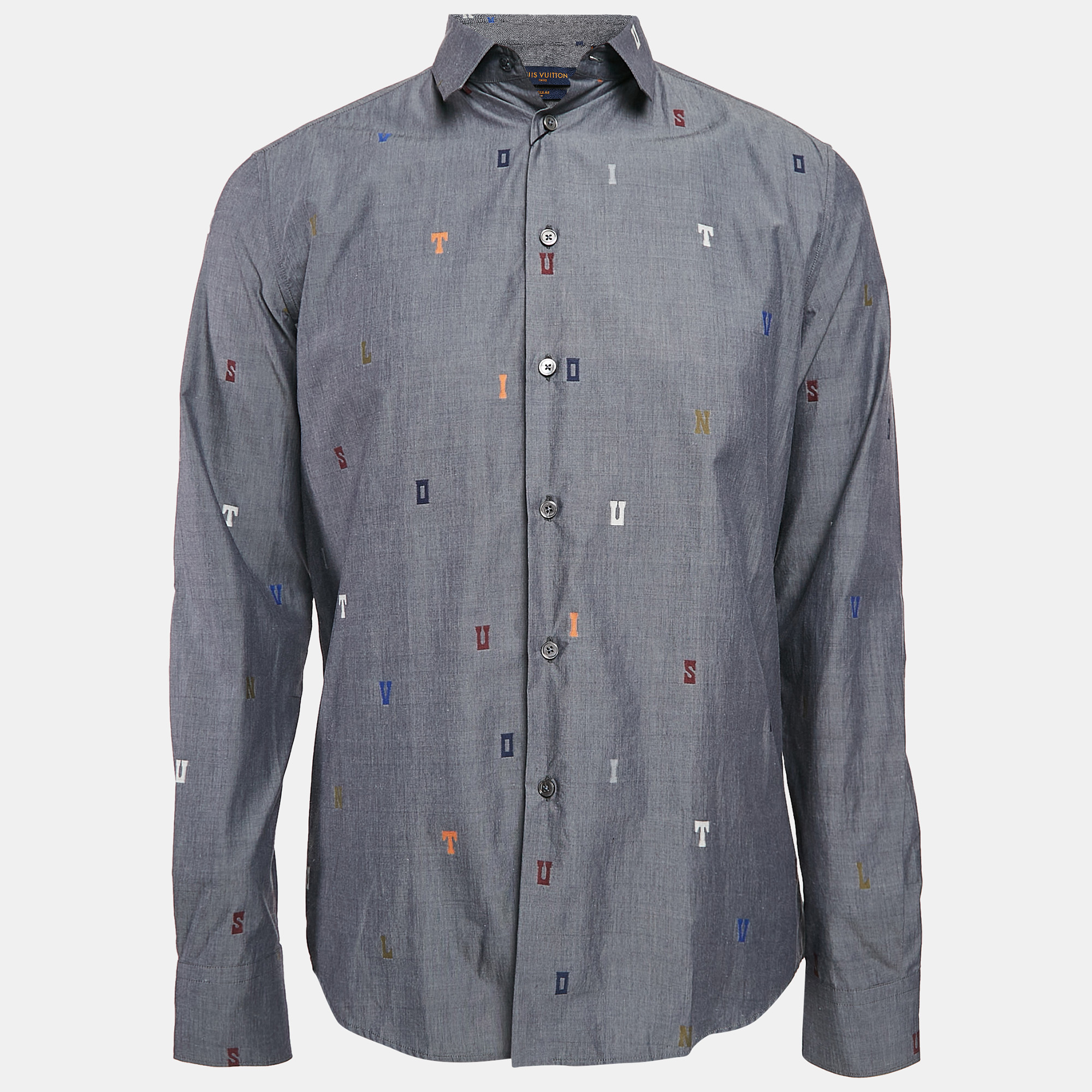 

Louis Vuitton Grey Alphabet Fil Coupe Cotton DNA Collar Shirt S, Blue