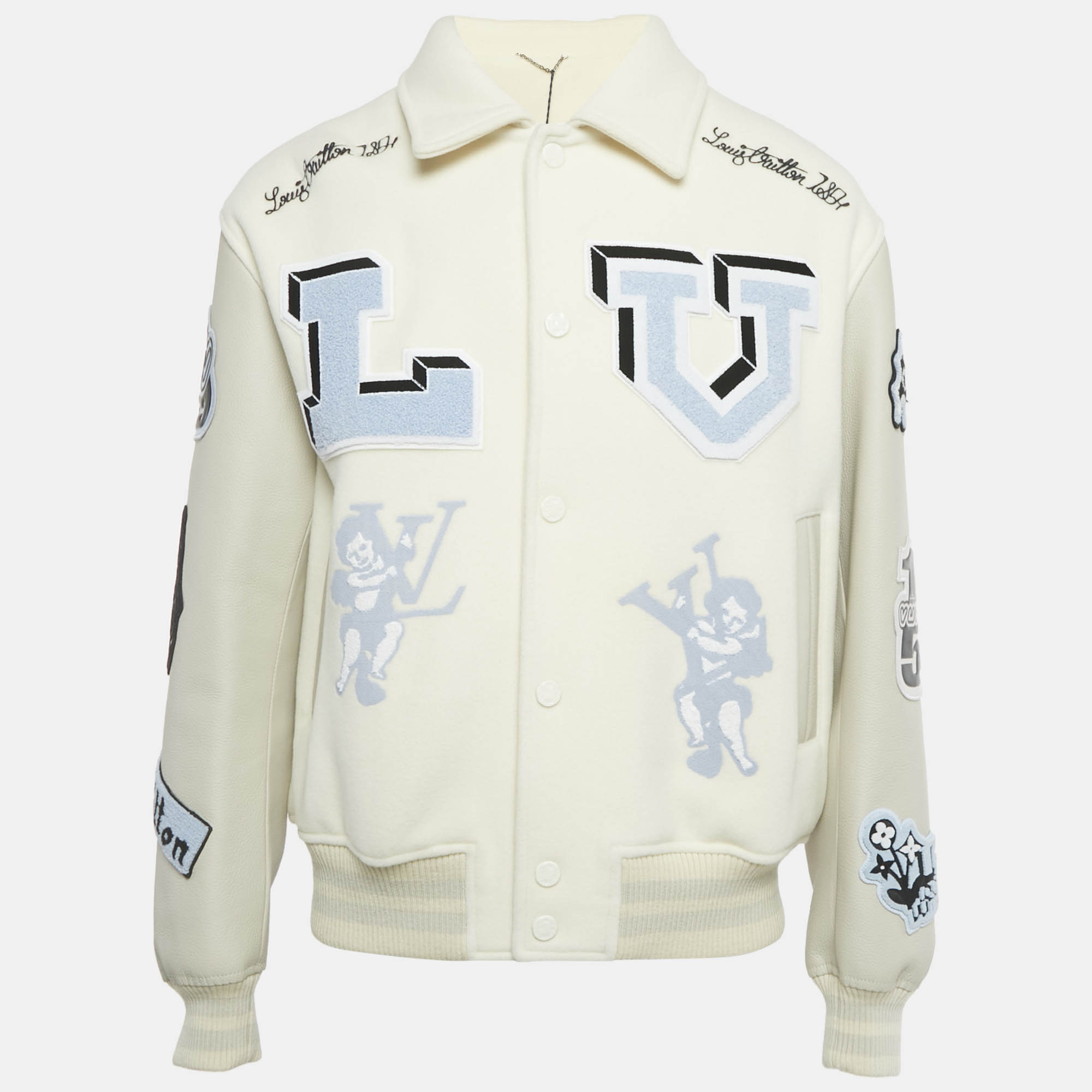 

Louis Vuitton White/Grey Felt and Leather AS Patch Varsity Blouson XL