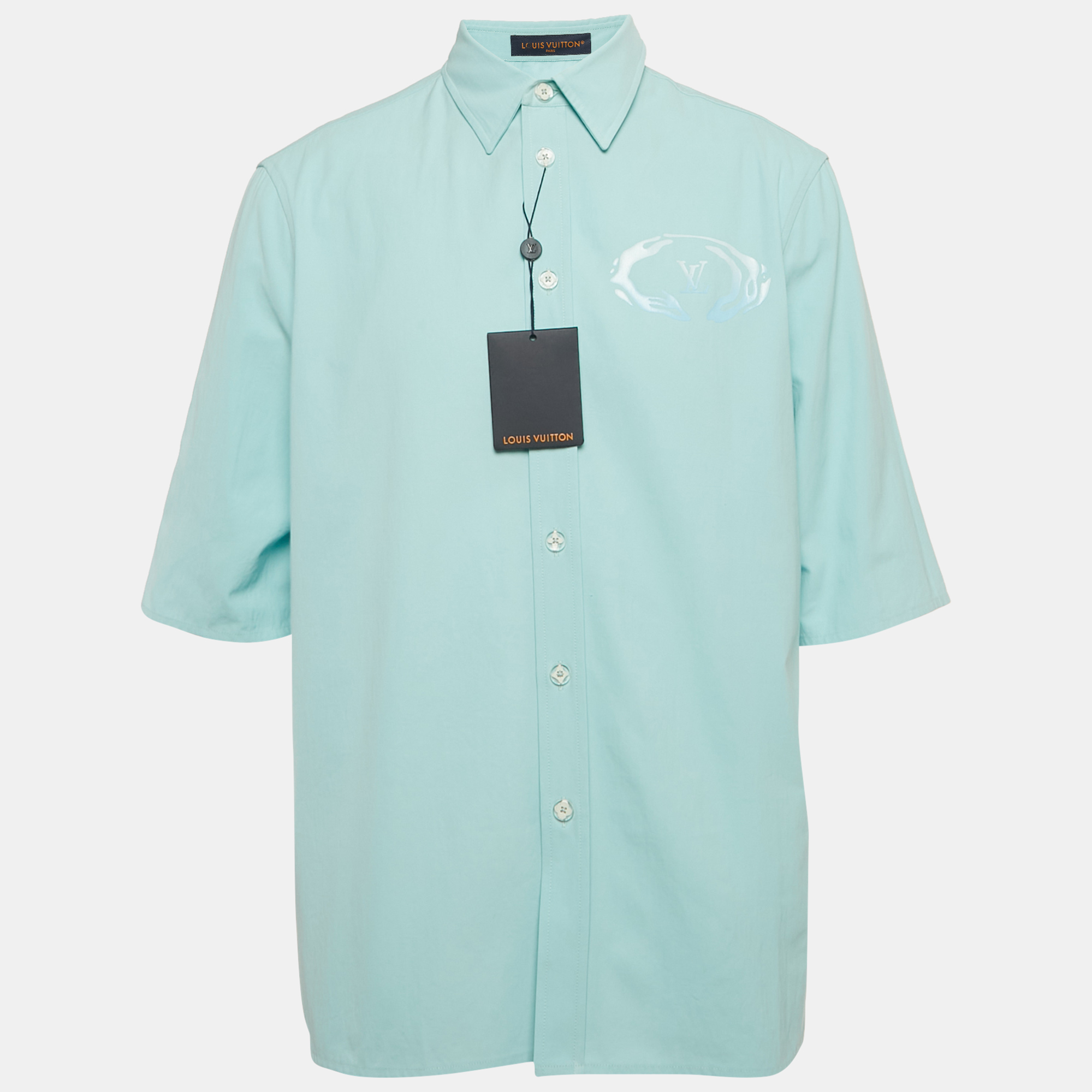 

Louis Vuitton Blue Logo Print Cotton Short Sleeve Shirt M